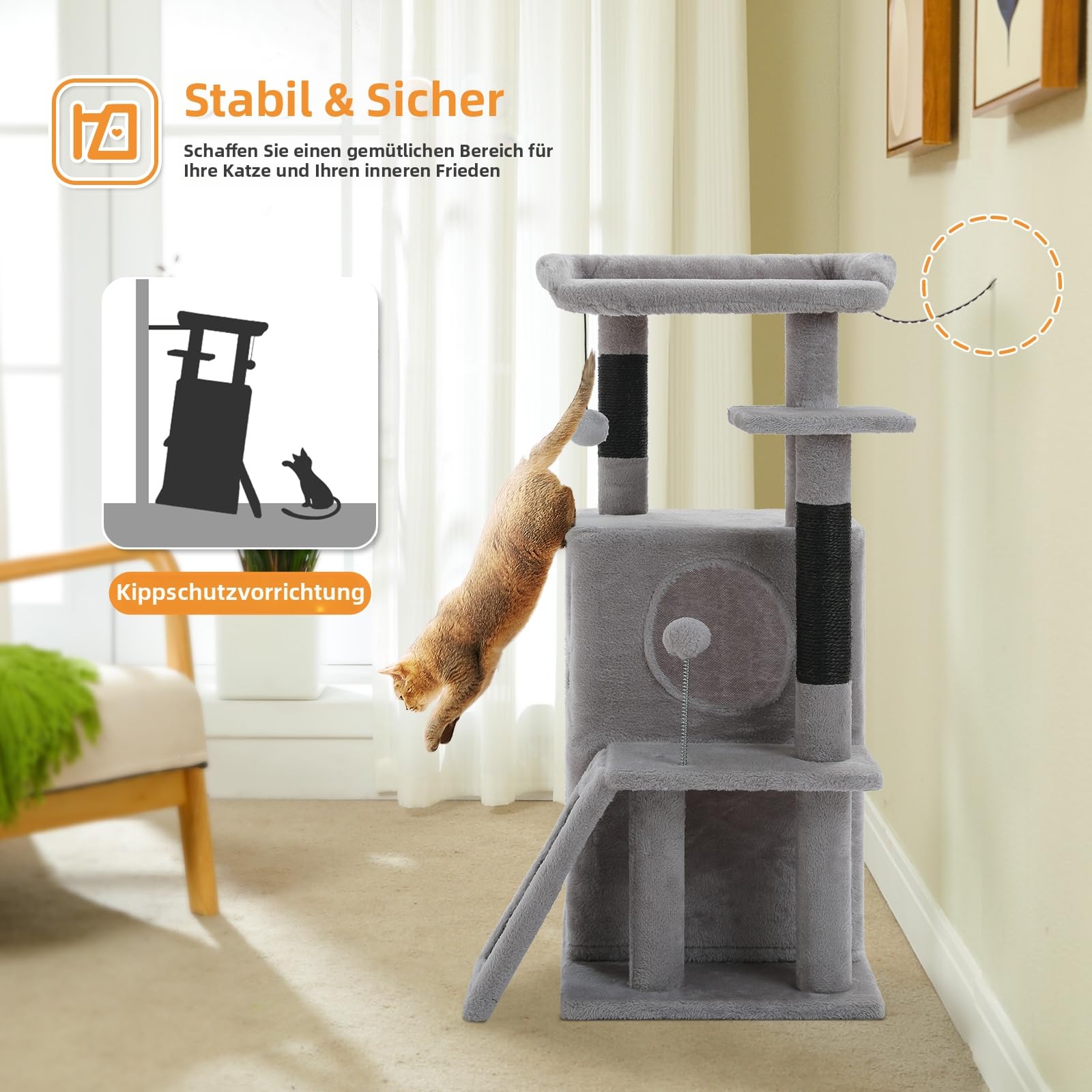 PETEPELA Kratzbaum für Katzen, 88 cm, Kleine Katzenhöhle mit Kratzpfosten, 2 Kuschelhöhlen, Kratzrampe & Hängespielzeug, Katzen-Spielhaus für Mehrkatzenhaushalte, Schwarz