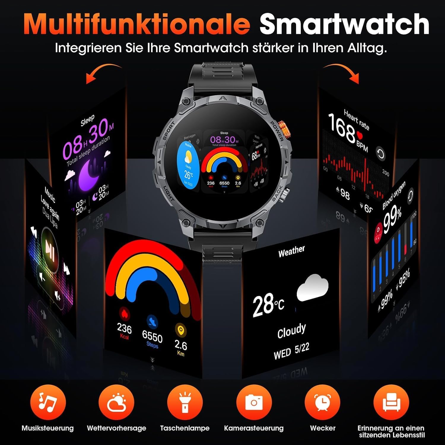 Militär Smartwatch Herren, mit1000-mAh-Akku/1,75" HD Großes Display Sportuhr/110+ Sportmodi Fitnessuhr/LED Taschenlampen/24/7Herzfrequenz/Schlafmonitor/IP68 Wasserdicht für iOS Android