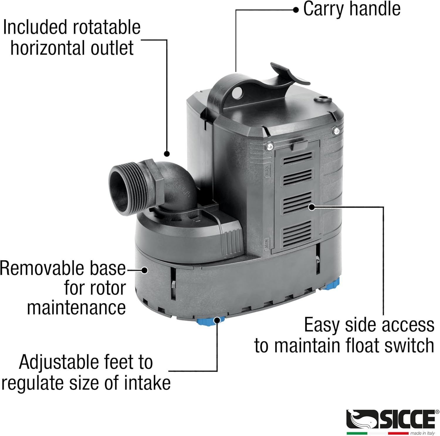 Sicce 1/2 HP ULTRA 9000 Automatic Water Pump Submersible 2245 GPH with 20-Ft. Cord | Swimming Pool Cover Sump Aquarium Portable Utility Transfer Pump