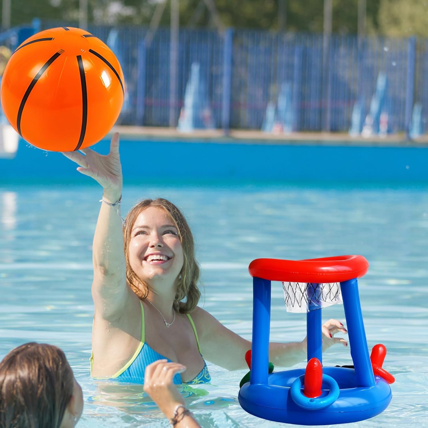 SrgPui Pool Basketball Hoop Set, Inflatable Pool Games with 1 Basketball and 3 Rings - Image 3