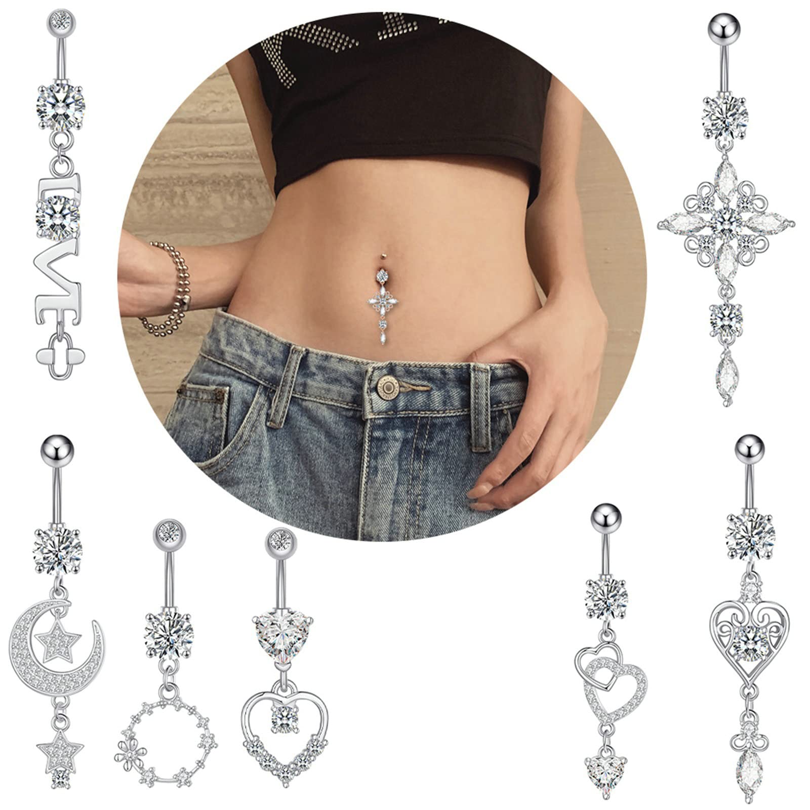 Gualiy 7 Stück Nabelpiercing Chirurgenstahl Herz Stern Mond Weiß Zirkonia Bauchnabelpiercing 14 Gauge
