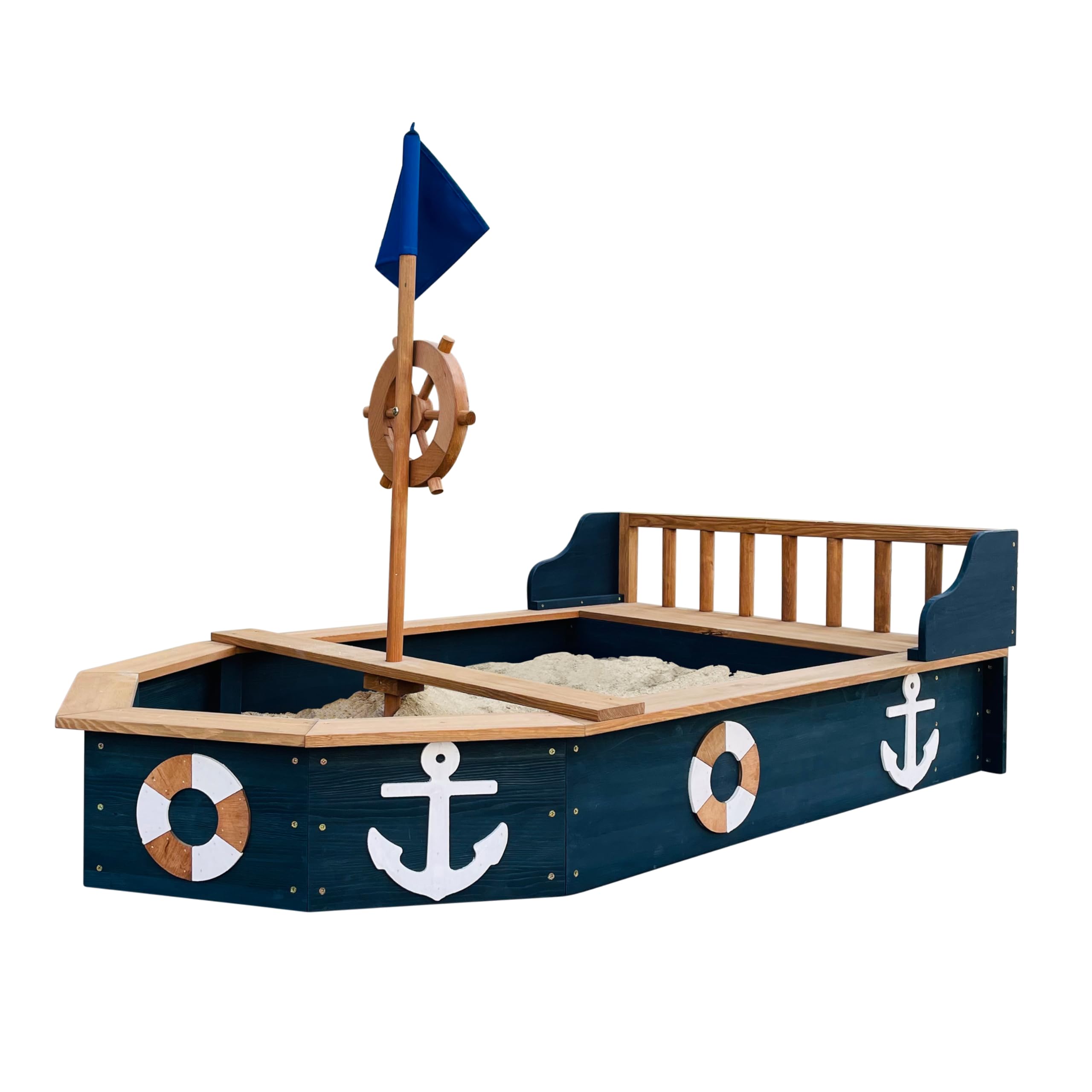 AXI Doris Sandkasten Boot/Schiff aus Holz - Anthrazit/Braun | Sandkastenschiff mit drehbarem Ruder, Flagge & Sitzbank | Sandkastenboot/Piratenschiff mit Abdeckung und Bodentuch | 153x90x100 cm