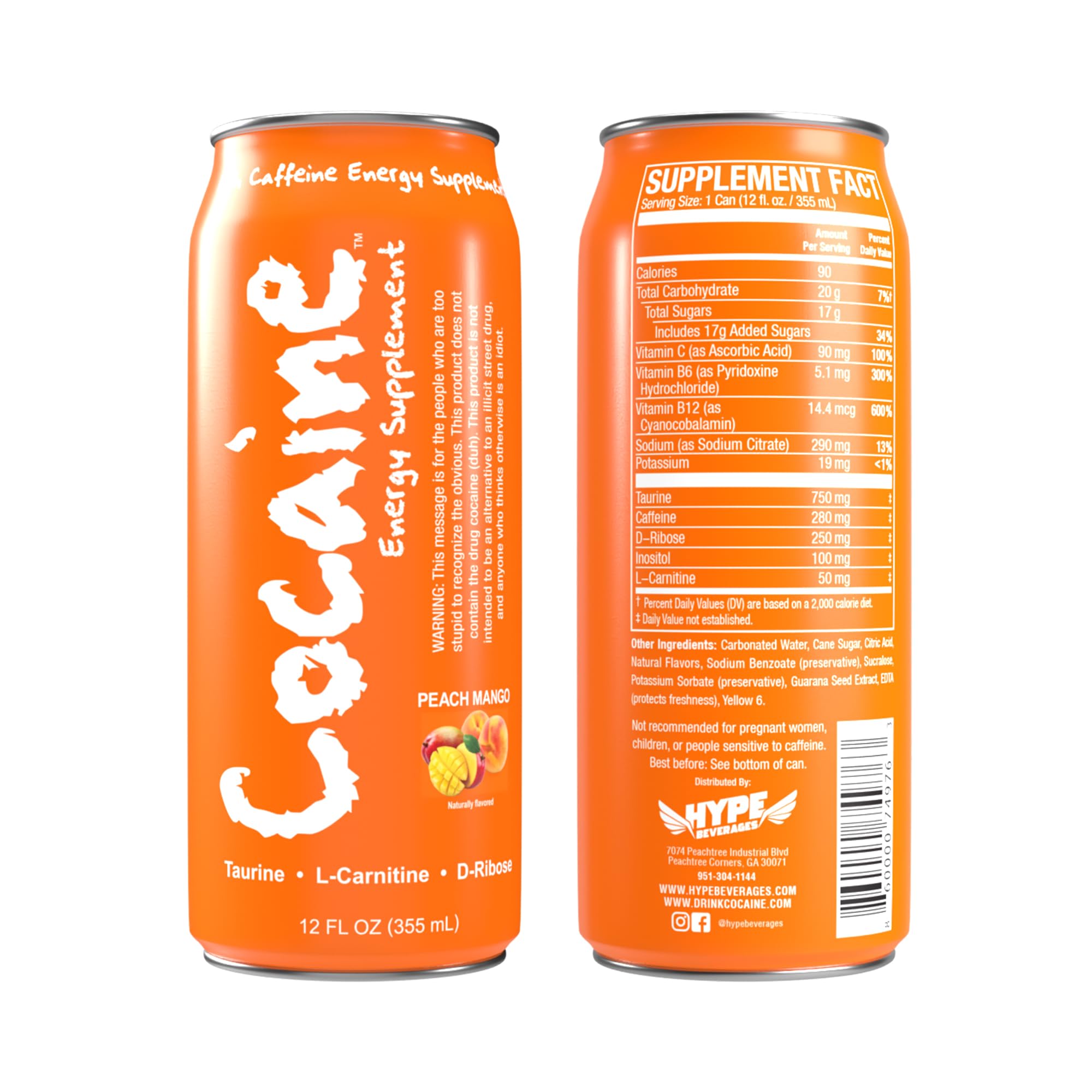 Cocaine Energy SupplementHigh Caffeine Energy Drink - Energy Boost with Vitamins and Antioxidant - 12 Oz Can - Pack of 12 (Single Can, Peach Mango)