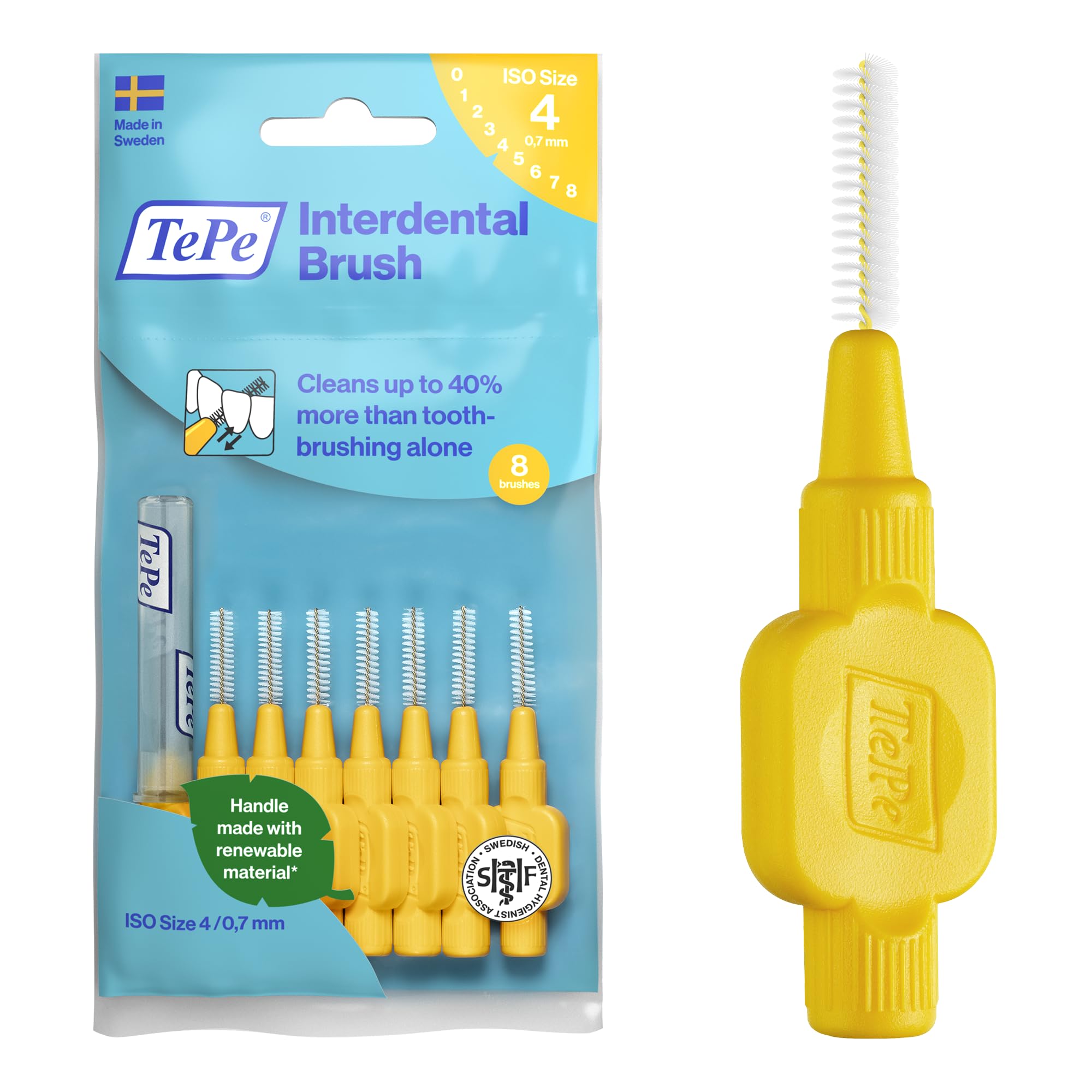 TePe Interdental Brush, Original, Yellow, 0.7mm/ISO 4, 8pcs, efficient Cleaning Between Teeth, Plaque Remover and Dental flosser for Small Gaps