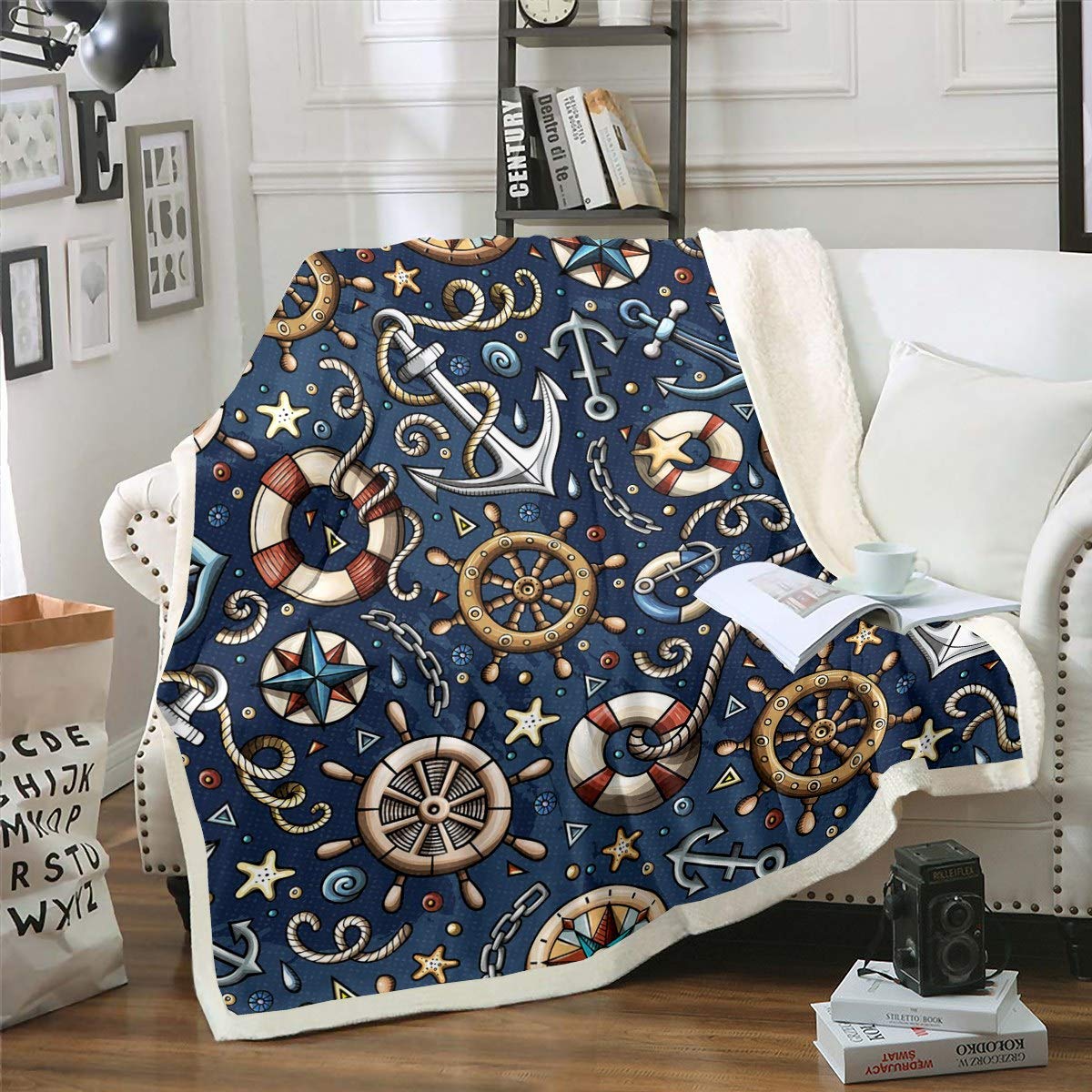 Loussiesd Nautical Anchor Plush Blanket Rudder Starfish Throw Blanket Ocean Themed Fleece Sherpa Blanket for Chair Sofa Couch Sea Adventure Ultra Soft Room Decor Double 60"x79" — image 1