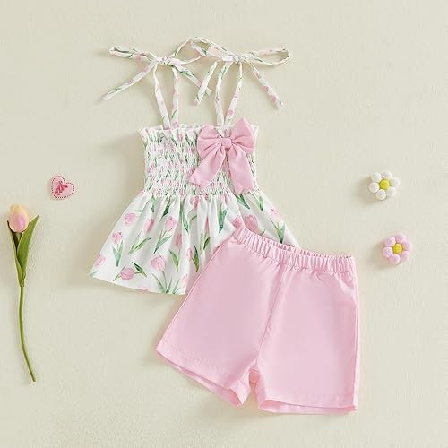 Miniatura 4 de Conjunto de ropa de verano para niña pequeña, con lazo fruncido, camiseta y pantalones cortos, tulipán, floral, lindos trajes para niñas pequeñas