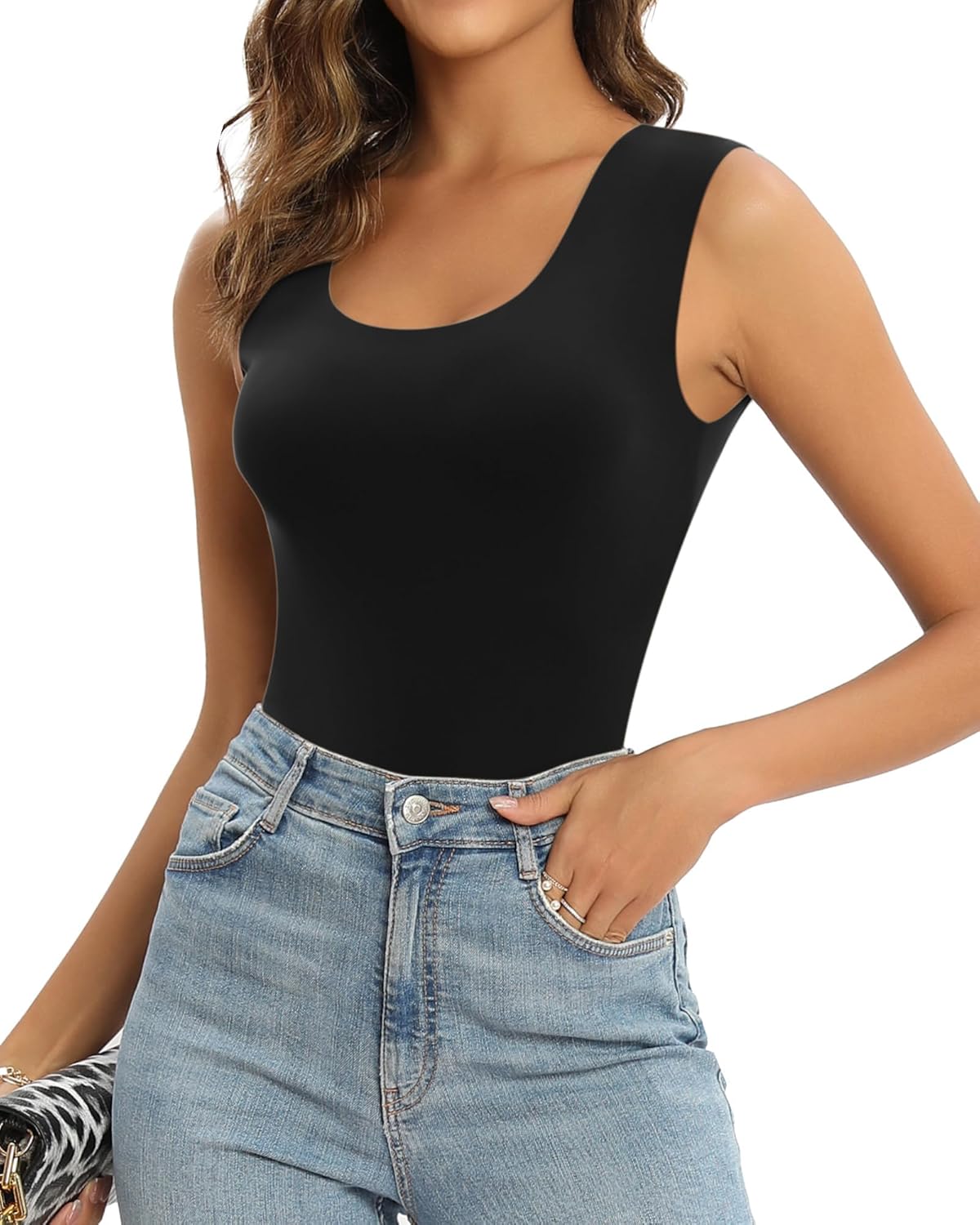 MANGOPOP Sleeveless Bodysuit For Women Scoop Neck Double Lined Tank Top Body Suit Basic Fitted Summer Going Out Tops
