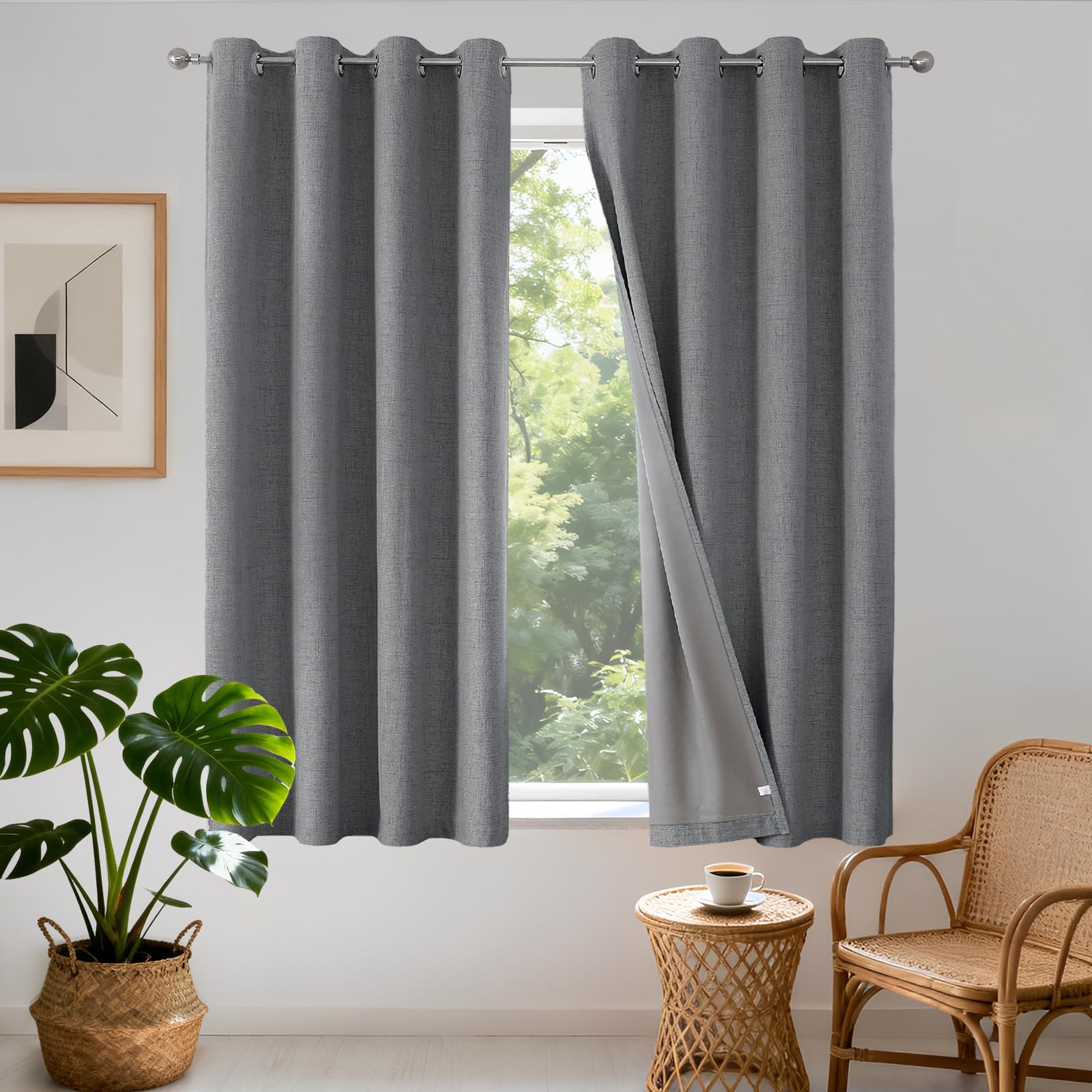 Joydeco 100% Blackout Lined Curtains W66 x L54 Inch, Faux Linen Textured Thermal Insulated Eyelet Short Window Curtains with Coating Back Layer for Living Room Bedroom, Grey - 2 Panels — image 1