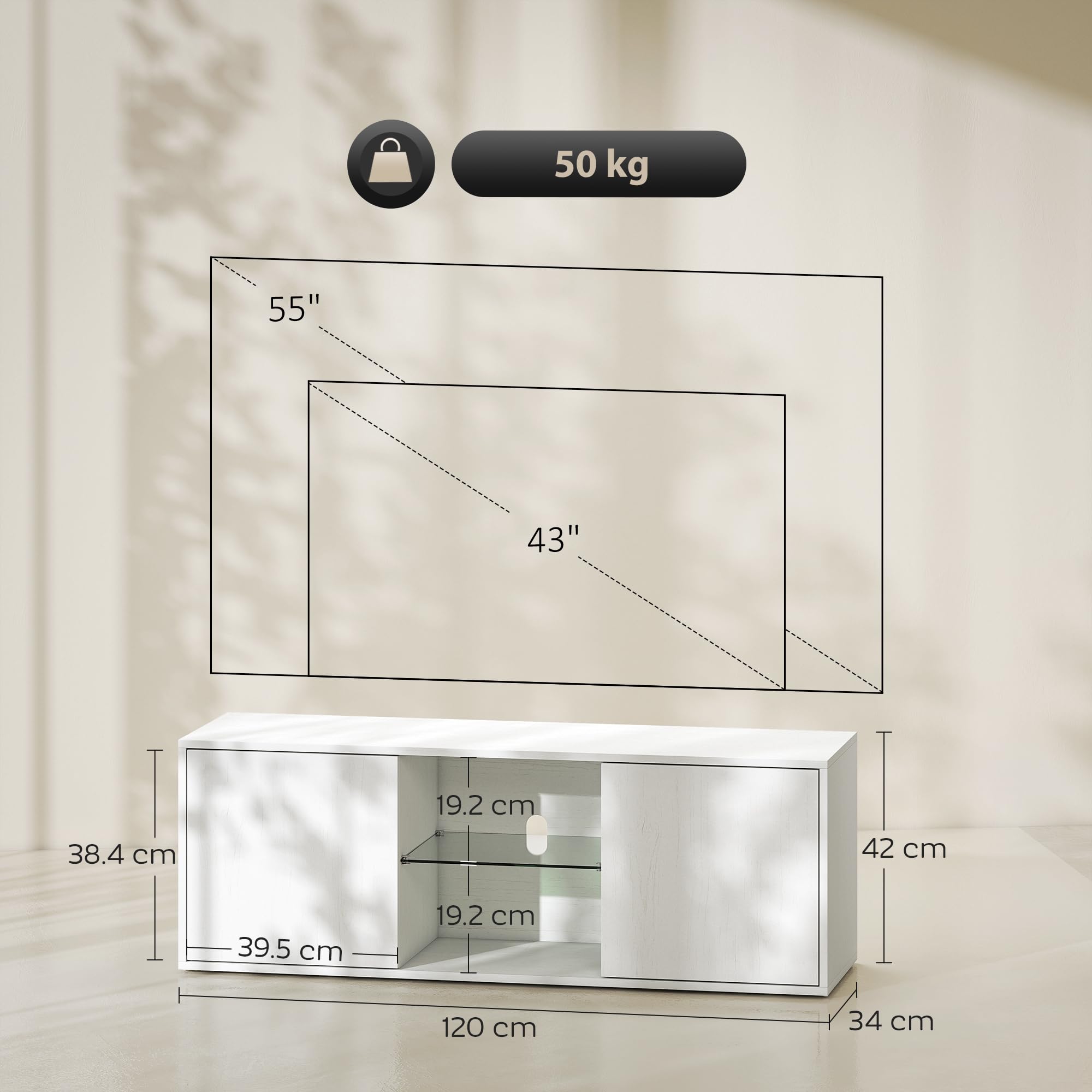 HOMCOM Mobile Porta TV fino a 55" 120 cm Soft Close Bianco Effetto Legno | Mobiletto TV Sospeso o a Terra, Foro Passacavi, Ripiano in Vetro, per Soggiorno e Salotto