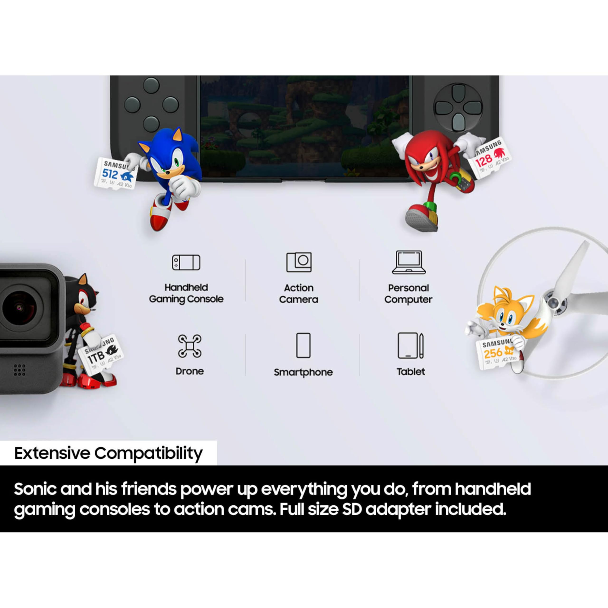 Samsung PRO Plus Sonic The Hedgehog + adattatore, 1 TB microSDXC, fino a 180 MB/s, Full HD e 4K UHD, UHS-I, C10, U3, V30, A2, per Nintendo Switch, Steam Deck, GoPRO, DJI Drone, tablet (MB-MD1T0SA/LC1)