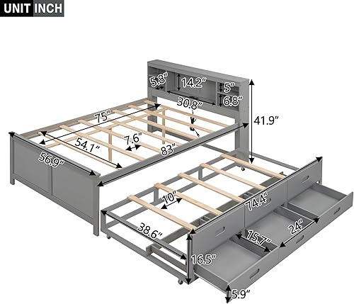 Miniatura 9 de HoRunzelin Marco de cama moderno de madera de pino de tamaño individual con estantería lateral y 2 cajones de almacenamiento diseño práctico para