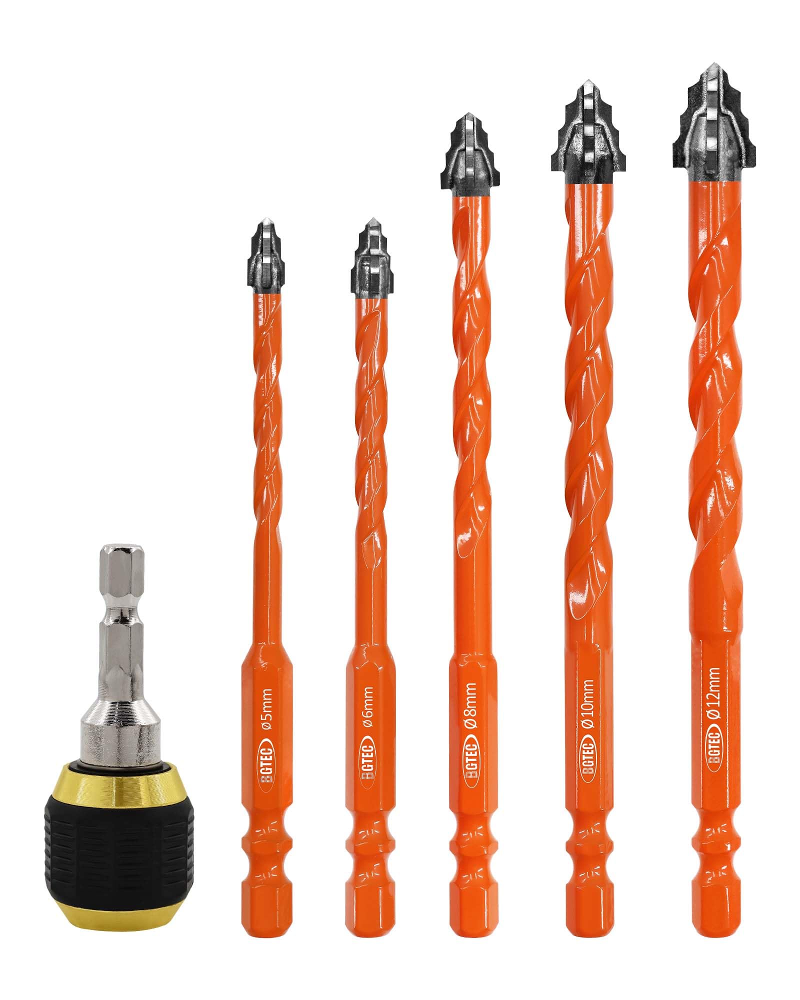 Four Blade Serrated Eccentric Masonry Drill Bit BGTEC - 5PCS 5MM - 12MM Carbide Concrete Drill Bits with 1PC Quick Release Bit Holder for Masonry/Brick/Concrete/Tile/Glass/Wood/Plastic/Marble