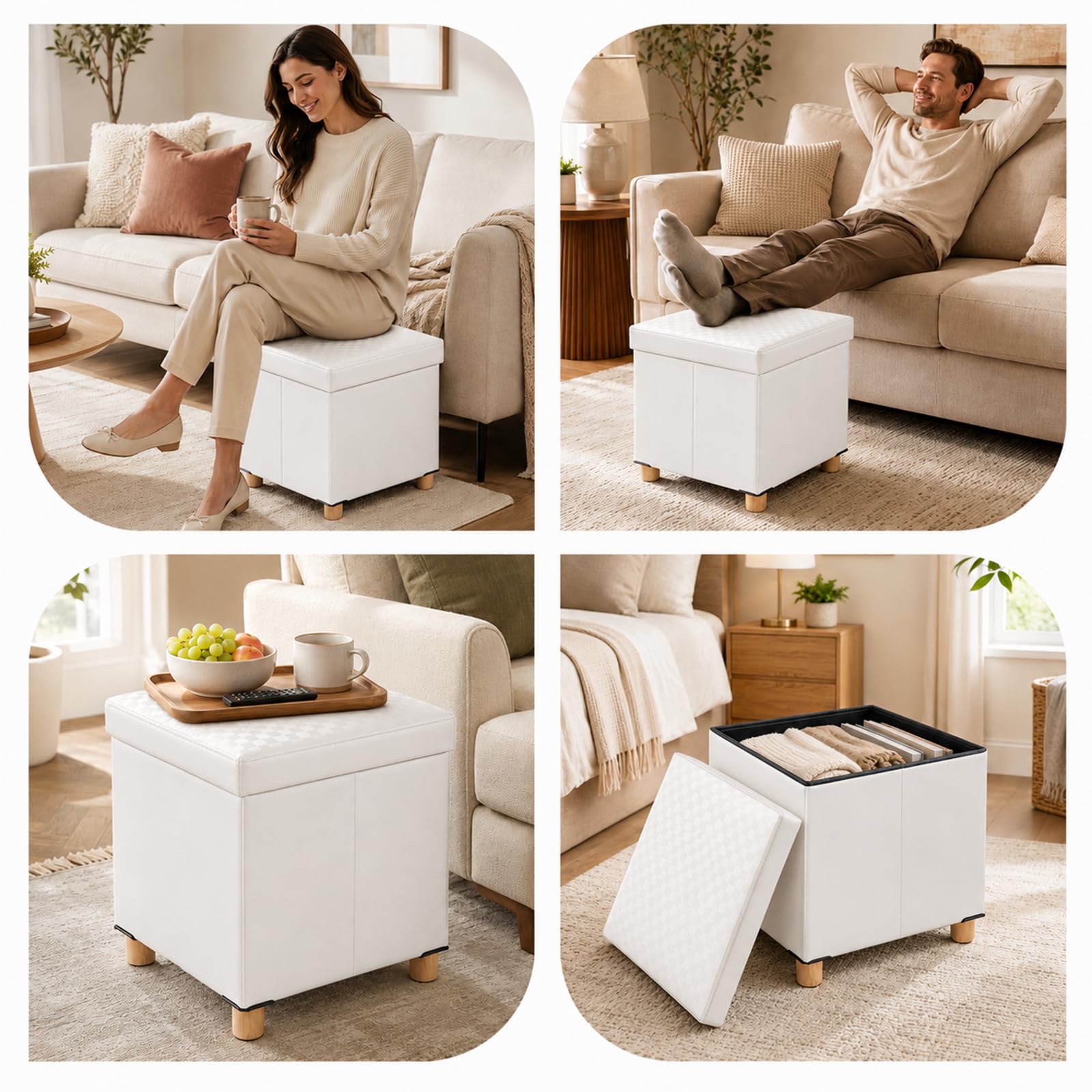 Hocker mit Stauraum, Klappbarer Sitzhocker aus PU, Fußhocker mit Massivholzbeinen, Anti-Rutsch-Pads, Pouf für Wohnzimmer Schlafzimmer Bad(Weiß, L:38 * W:38 * H:40 cm)