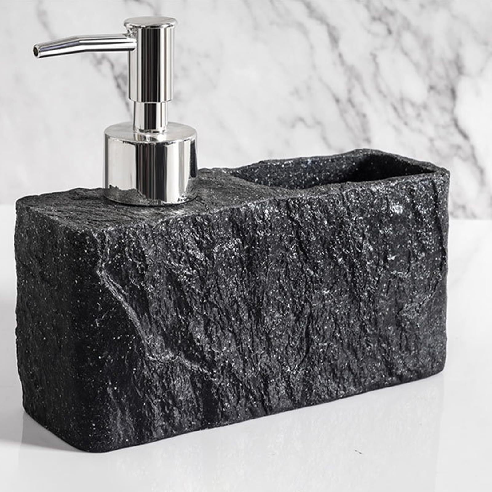 Mdnipqbam Black Exquisite Multifunctional Soap Dispenser With Sponge Holder Made Of Marble-Patterned Resin For Bathroom(Black)
