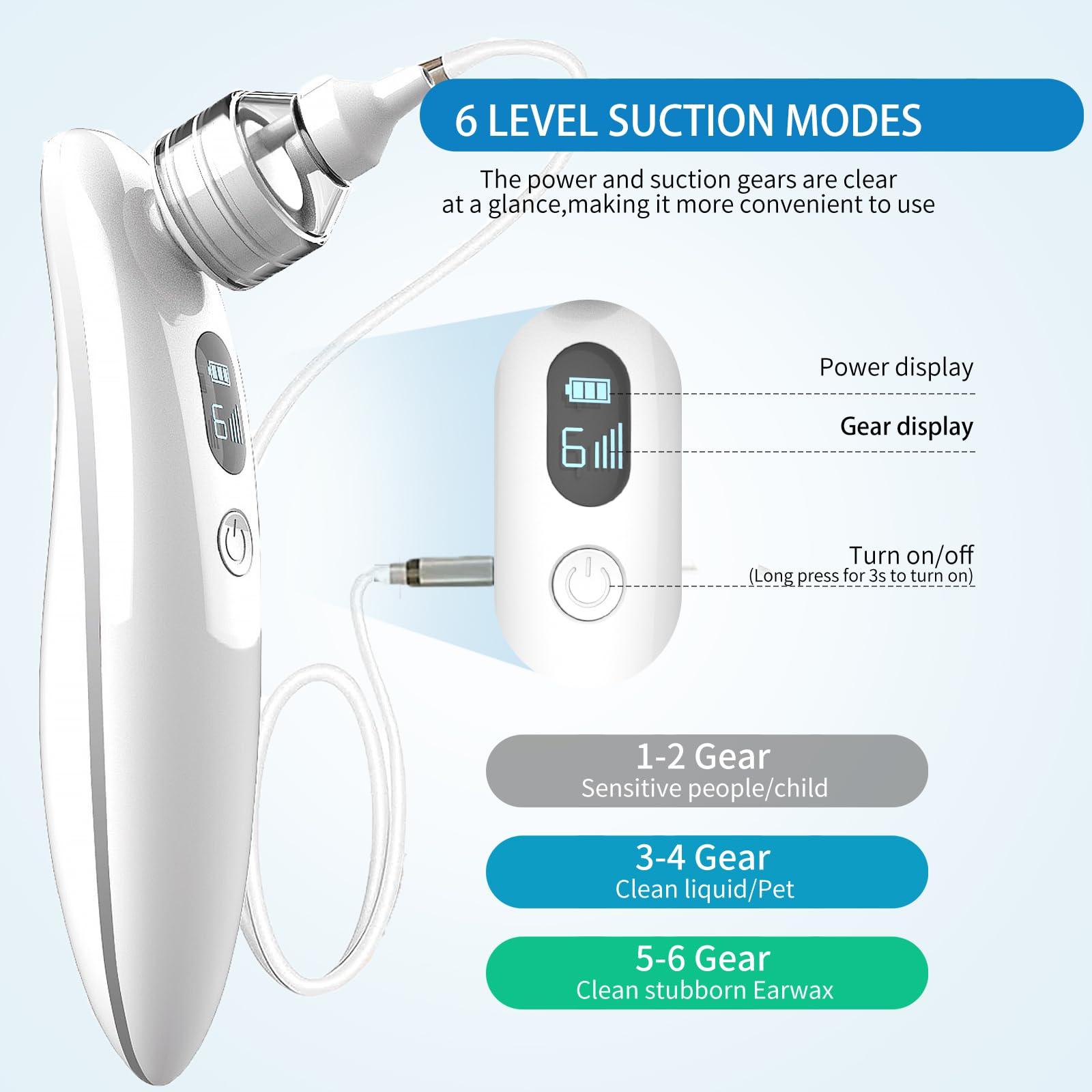 Aspirateur de cérumen, aspirateur d'oreille électrique, nettoyeur d'oreille, 6 vitesses, LCD, élimination du cérumen pour un nettoyage en profondeur, adapté aux enfants et aux adultes