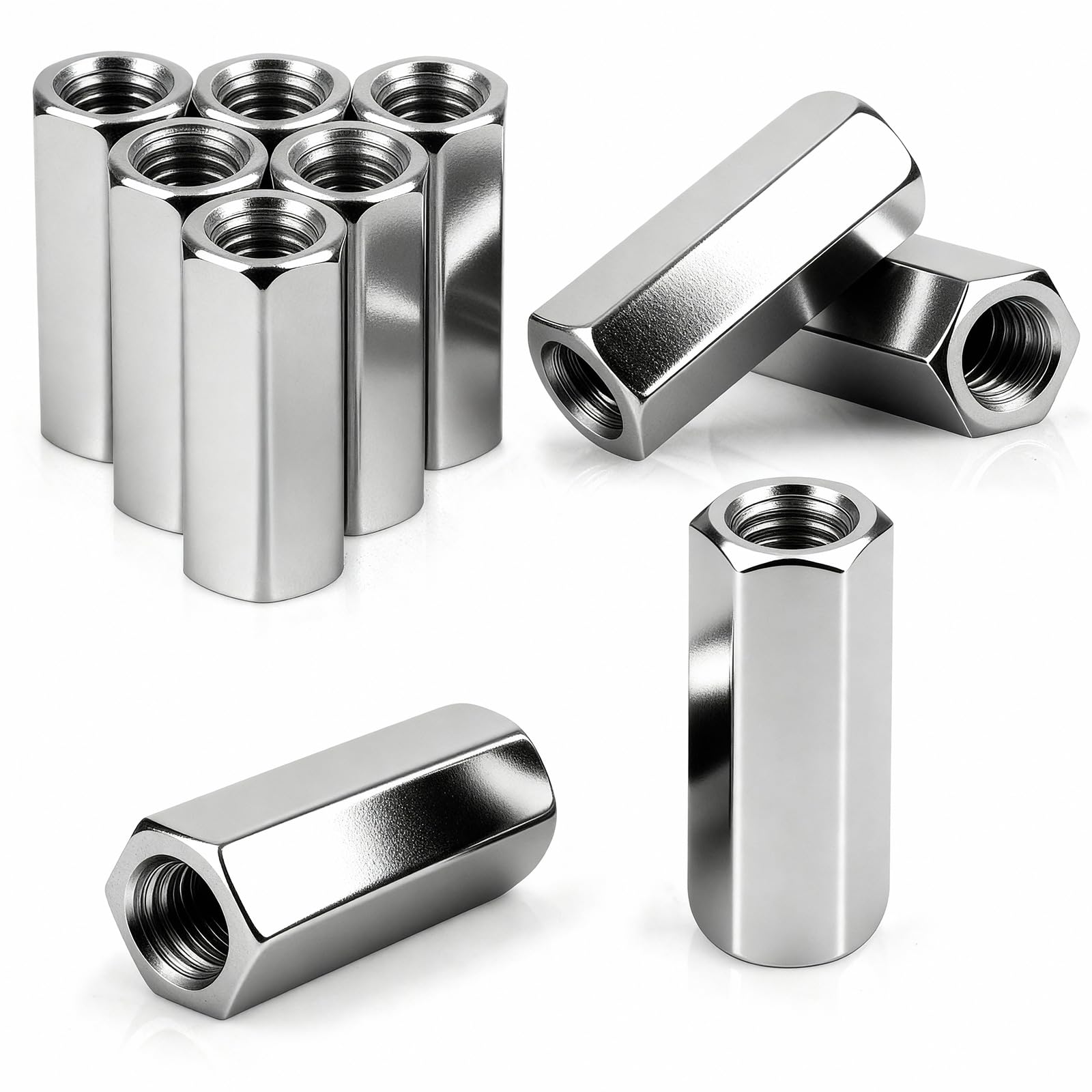M16 x 50 mm Long Hex Coupling Nut Zinc Plated Steel Female Threaded Bar Rod Nuts Studding Connector Fasteners Hexagonal Deep Nut Silver For Home Office Workshop Industrial Constructor 6 Pcs