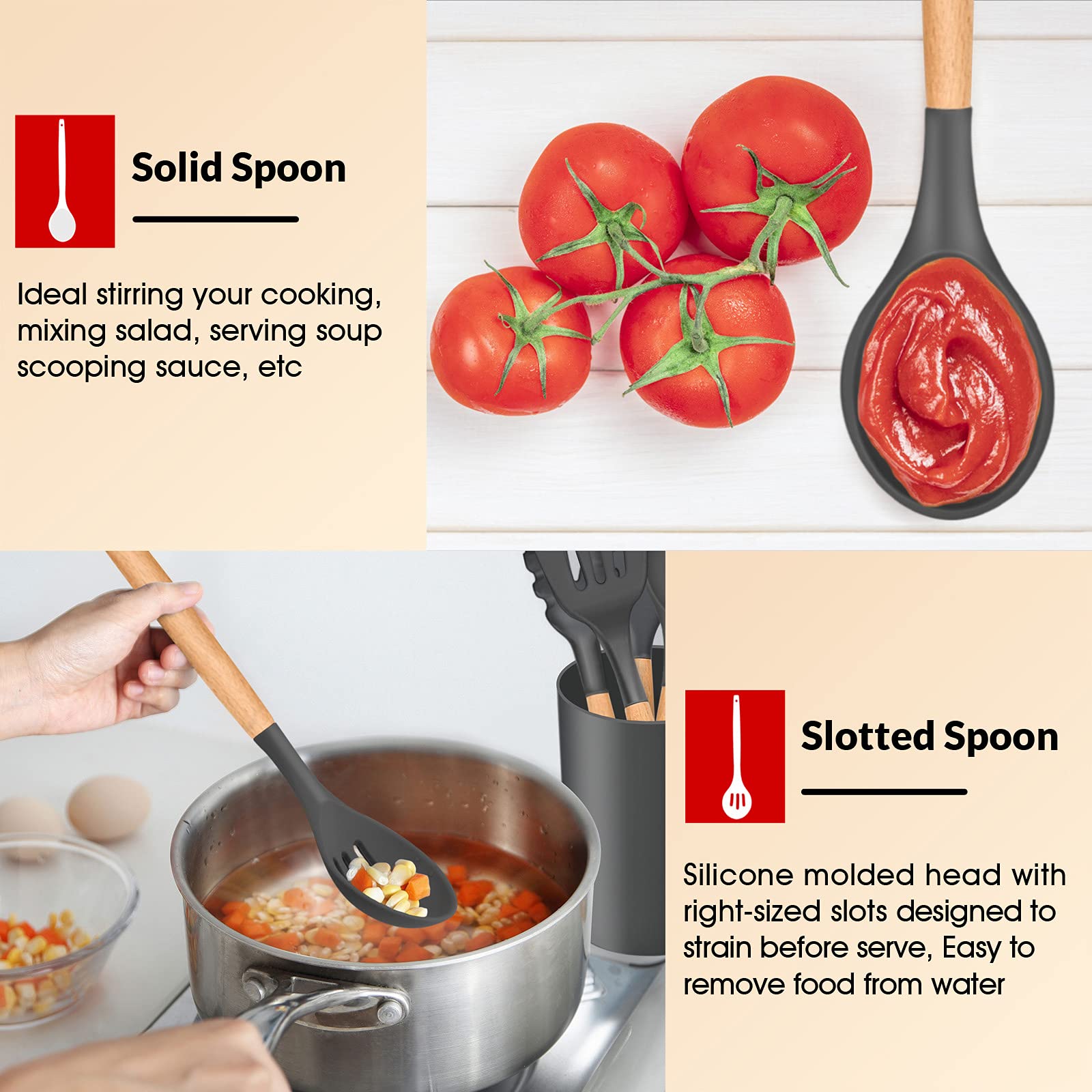 E-far - Juego de 6 utensilios de cocina de silicona con mango de madera, antiadherentes y resistentes al calor, incluye espátula/cucharón/volteador ranurado/cuchara para servir/servidor de espaguetis