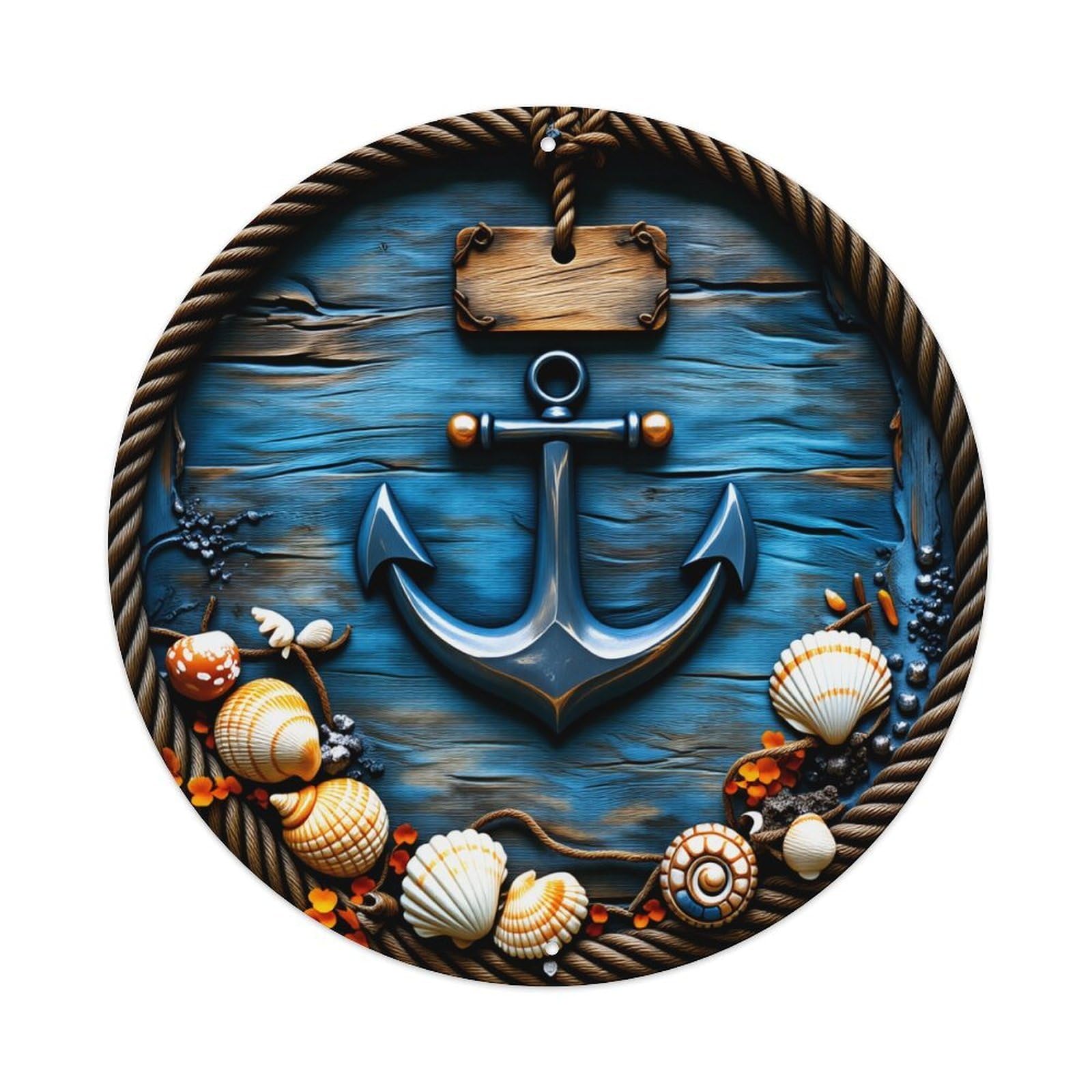 Anchor Shell Rope Wood Blue Nautical Metal Tin Sign Plaque