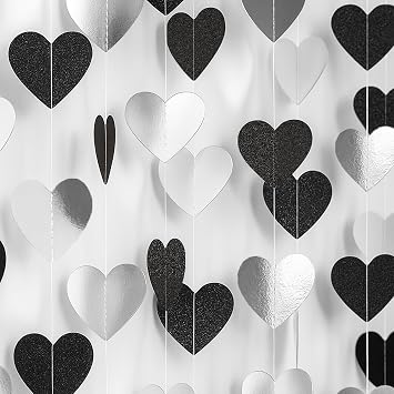 GCQQ Black White Silver Party Decorations - 52FT Black Glitter Heart Garland 4 Pack Paper Birthday Hanging Streamer Garlands for Valentines Day Wedding Engagement Anniversary Bachelorette Party Decor