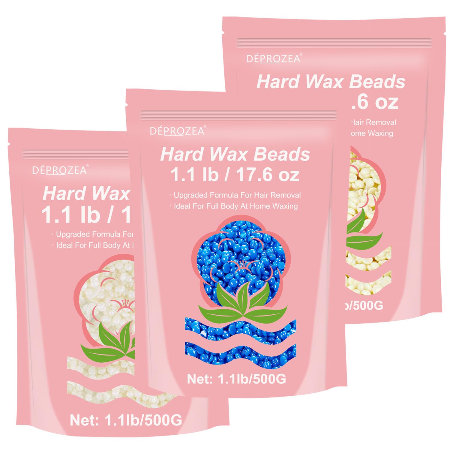 1.1lb Coconut & 1.1lb Azulene & 1.1lb Cream, Pack of 3 DEPROZEA Hard Wax Beads for Painless Hair Removal on Sensitive Skin, Ideal for Full Body, Facial, Eyebrow, Brazilian Bikini, and Legs