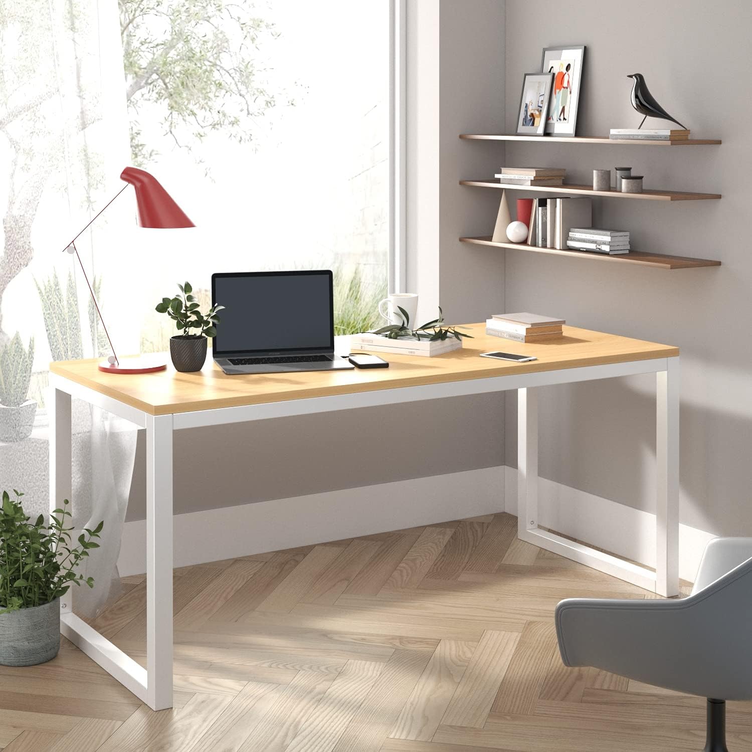 Allewie 45" Computer Desk, Modern Writing Gaming Desk for Home Office, Small Wood Table Top Workstation, Sturdy Metal Frame, Rustic Simple Industrial Design, Easy Assembly, Maple