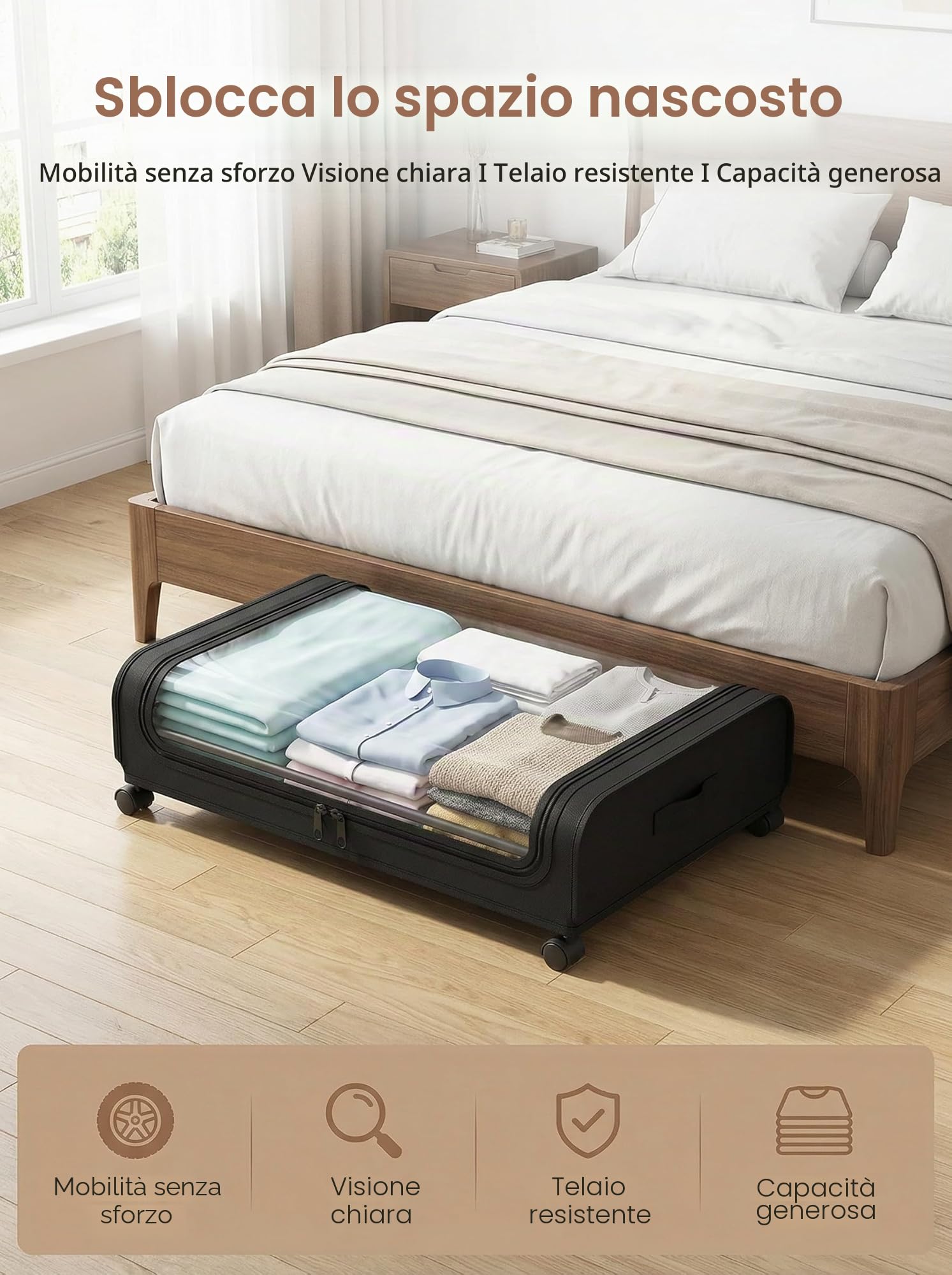 Contenitore sottoletto con ruote, 2 pezzi 80x44x18cm, con finestra trasparente, contenitore sottoletto pieghevole per vestiti, scarpe, coperte, biancheria da letto, Nero