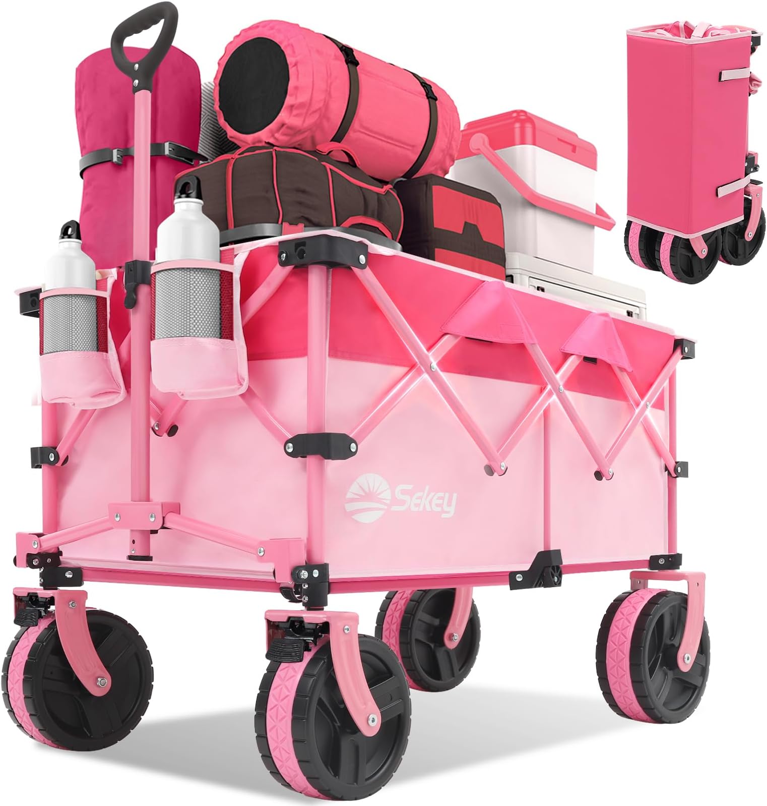 Sekey 220L Collapsible Foldable Wagon with 330lbs Weight Capacity, Heavy Duty Folding Utility Garden Cart with Big All-Terrain Beach Wheels & Drink Holders.