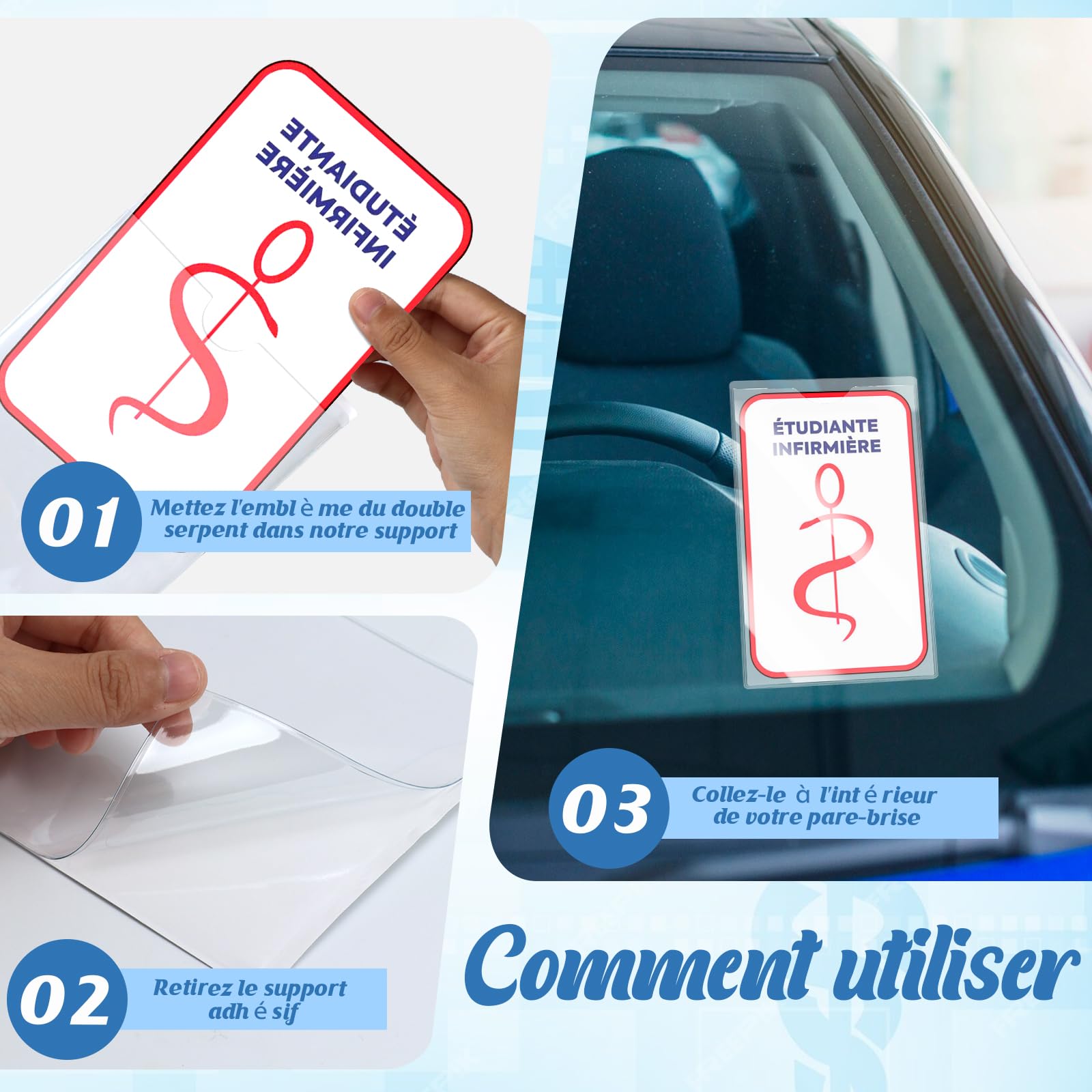 Porte Caducee Voiture Infirmier Pare Brise Support Ticket Parking Retoo - Fixation Pare-brise Adhésif 3M Porte Carte Voiture