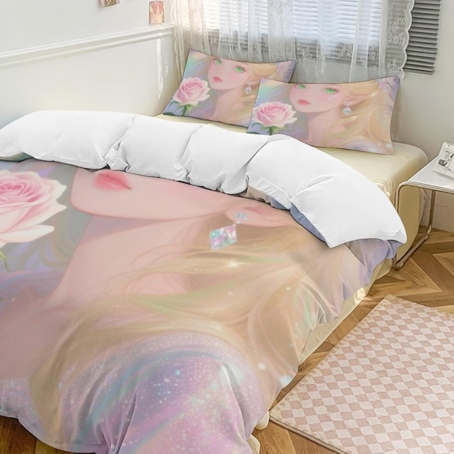 Duvet Cover Queen Size Bedding Set with 1 Duvet Cover 2 Pillow Shams Girl with Golden Hair Cover Set with Zipper Closure