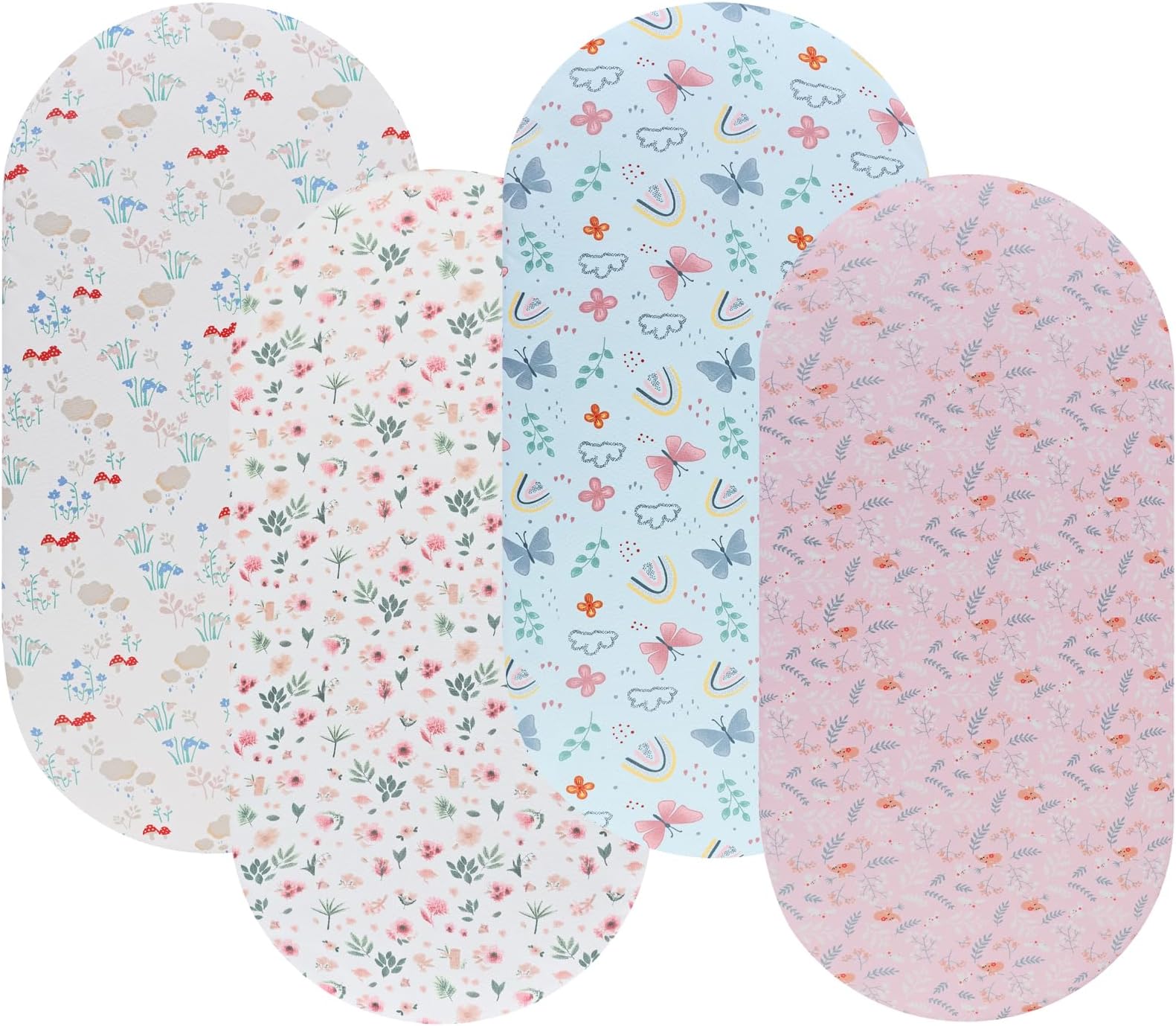 OnacoshtBaby Bassinet Sheets 4 Pack Soft Breathable Fitted Sheet Set Universal for Oval Rectangle and Hourglass Bassinet Mattress, Floral Printing for Baby Girl