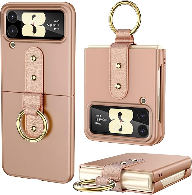 HWeggo Case for Samsung Galaxy Z Flip 4 Cover,Ultra Thin Hard PC Samsung Z Flip 4 Case with Outer Screen Protector and Ring,Shockproof Lightweight Protective Case(Rose gold)
