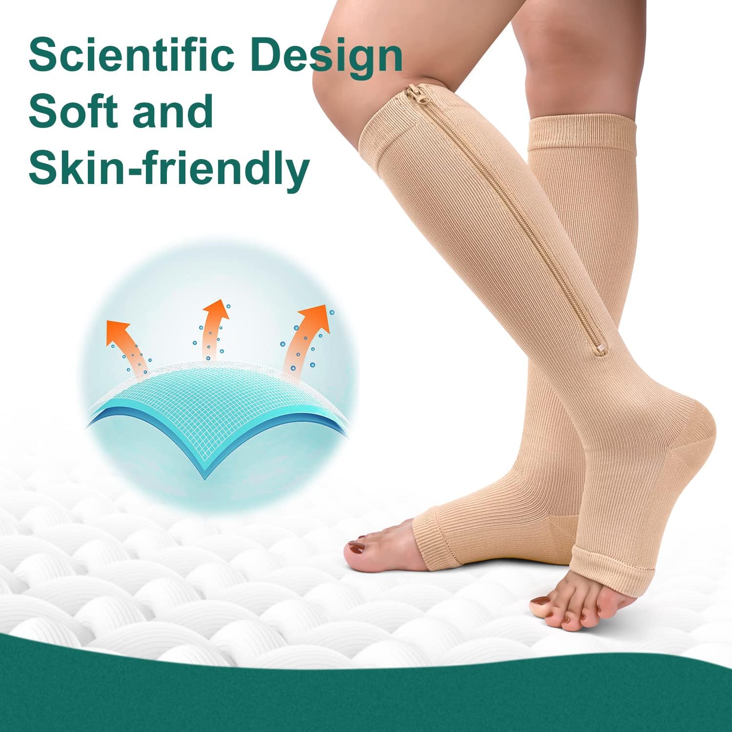 2 pares de calcetines de compresión con cremallera de cobre de 15-20 mmgh-pantorrilla hasta la rodilla de punta abierta de apoyo media de compresión