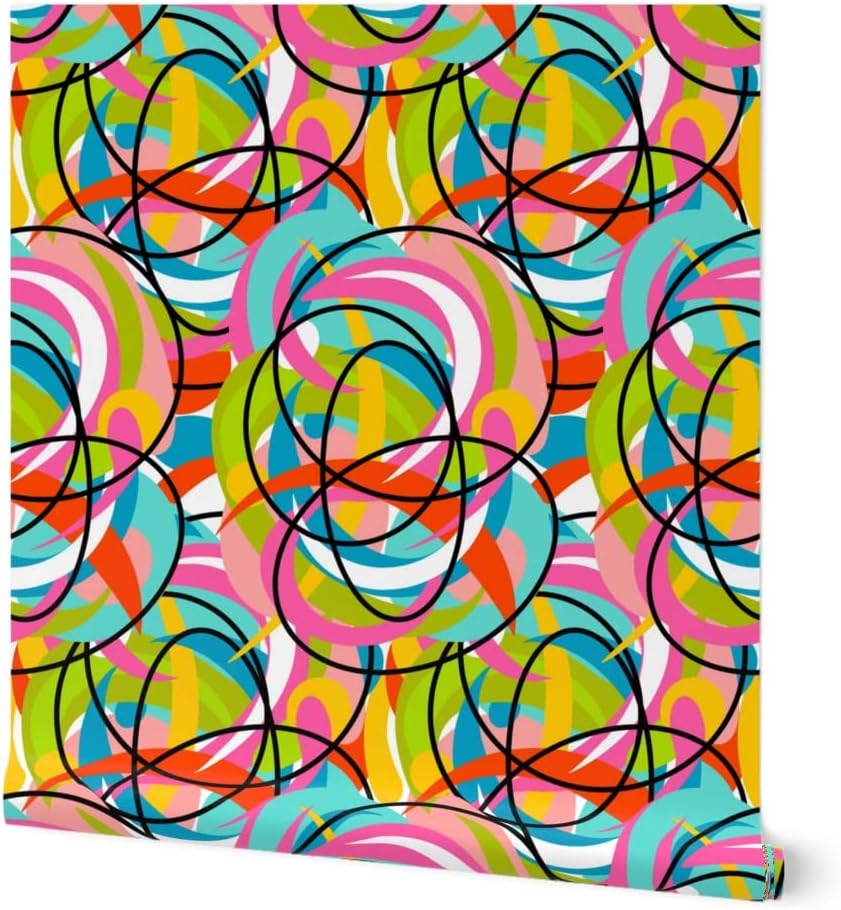 Spoonflower Peel & Stick Wallpaper 3ft x 2ft - Mod Modern Graffiti Swirl Summer Groovy Happy Custom Removable Wallpaper