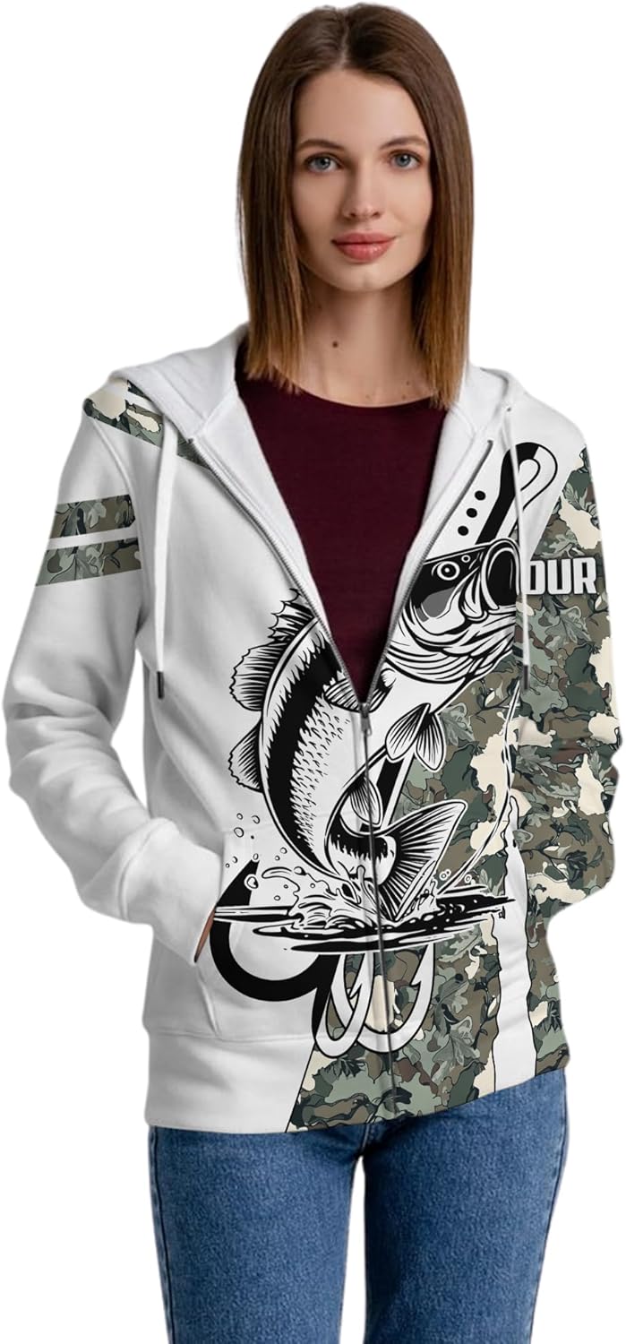 Mens Fishing Zip Up Hoody for Dad Jumping Bass Fish Out of the Water Zipper Hoodie Fishing Jacket