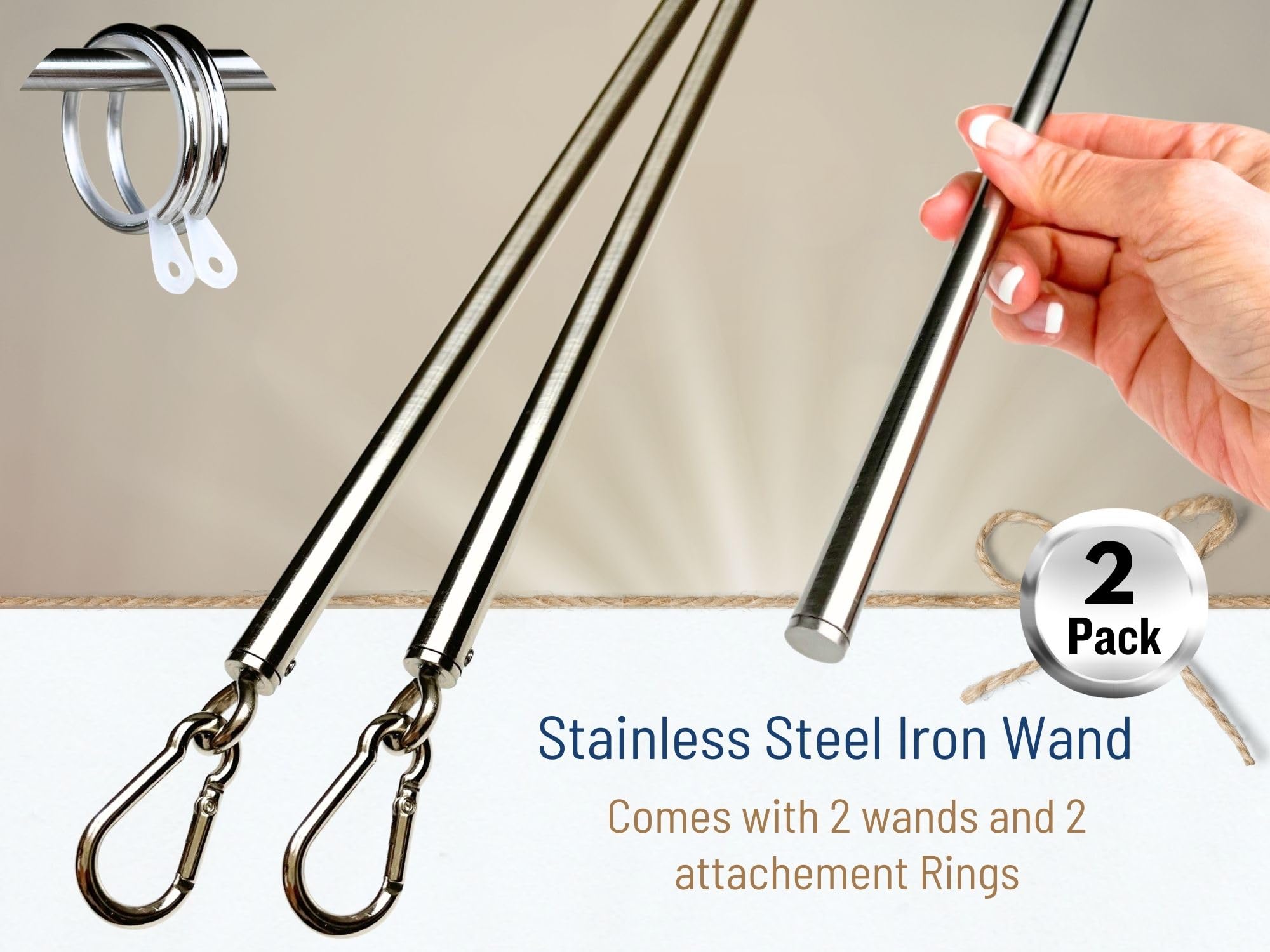 OooWow 46 inch (2 Pack) Stainless Steel Iron Curtain Pull Wand - 2 inches shy of 48 inch Drapery Pull Rod - Versatile Curtain Wand - Metal Drapery Wand (46in SS 2Pk)