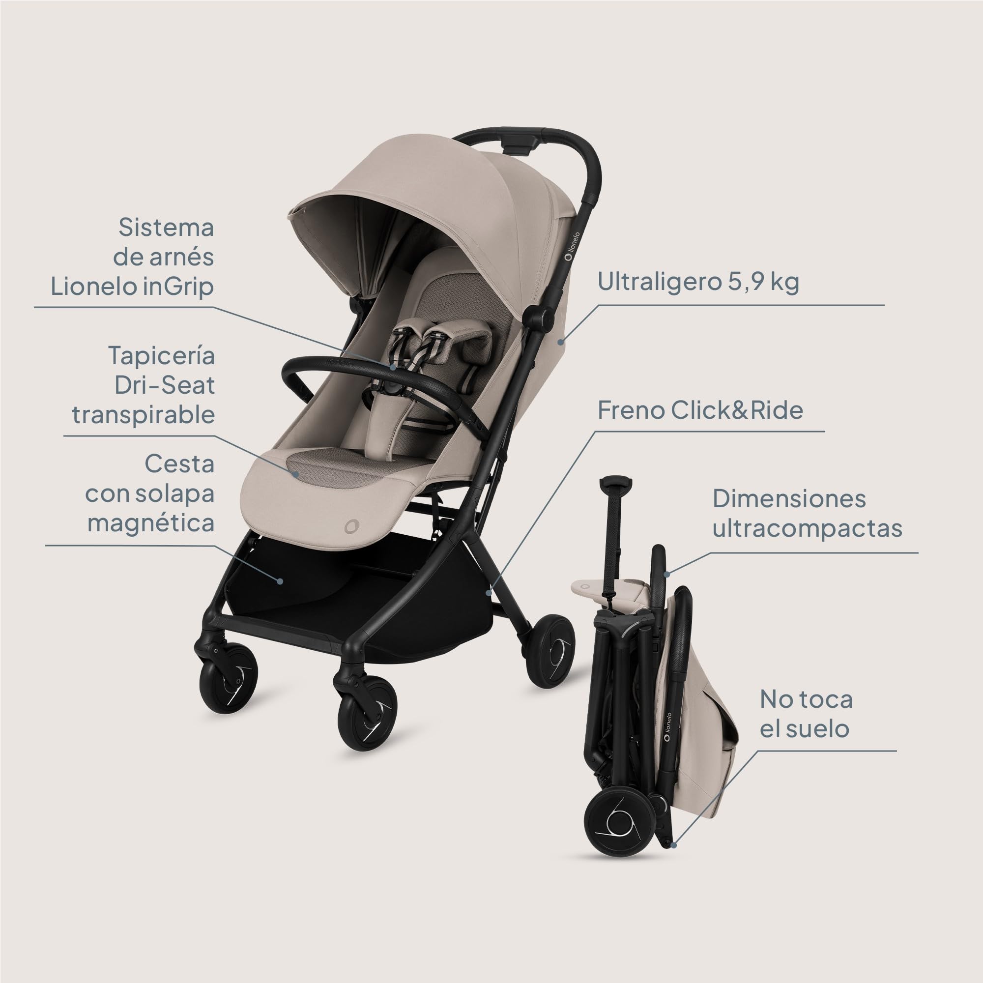 Lionelo Sia Silla de Paseo Ligera y Ultracompacta para Viaje, hasta 22 kg, Ultraligera 5,9 kg, Respaldo Reclinable Tumbado, Capota XXL Impermeable UPF50+ Impermeablee, Mosquitera, Hebilla magnética | Respaldo reclinable, capota XXL UPF50+, ruedas amortigu