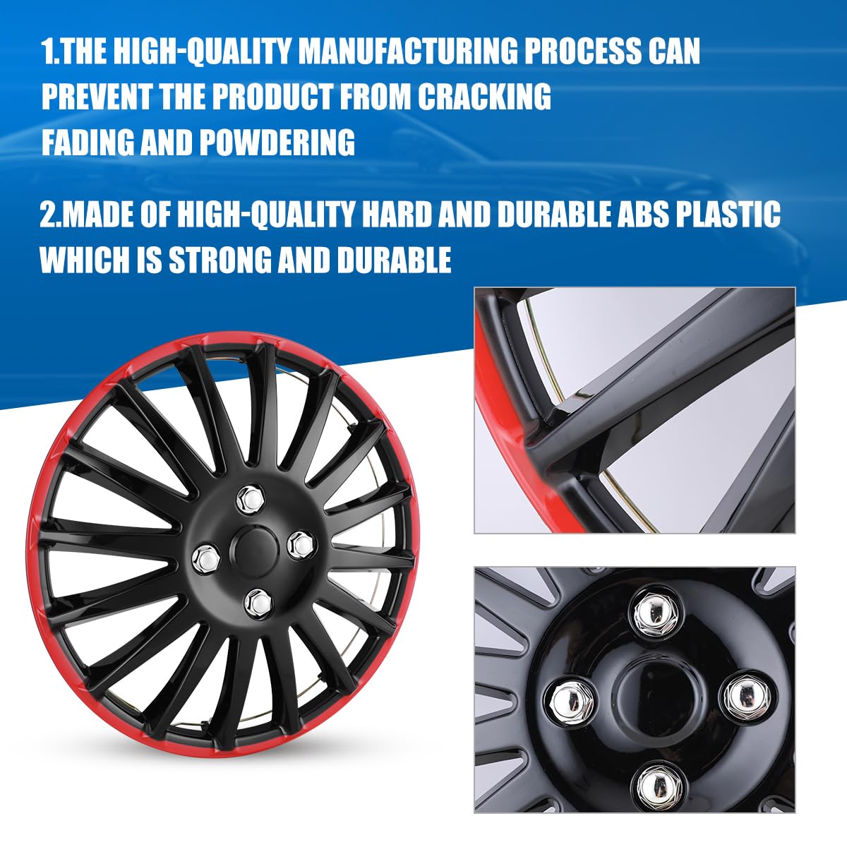 WolfX 15 Inch Hubcaps Set of 4 Wheel Rim Cover (Only Fit for Iron Hub) ABS Material Universal Wheel Rim Hub Cap Replacement (W5019, Black Lacquer & Red Lacquer)