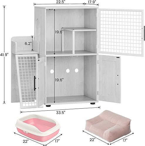 Miniatura 7 de IDEALHOUSE Caja de arena de villa con plataforma, muebles ocultos de doble capa, baño moderno para gatos para interiores, casa con escalera, 33.5