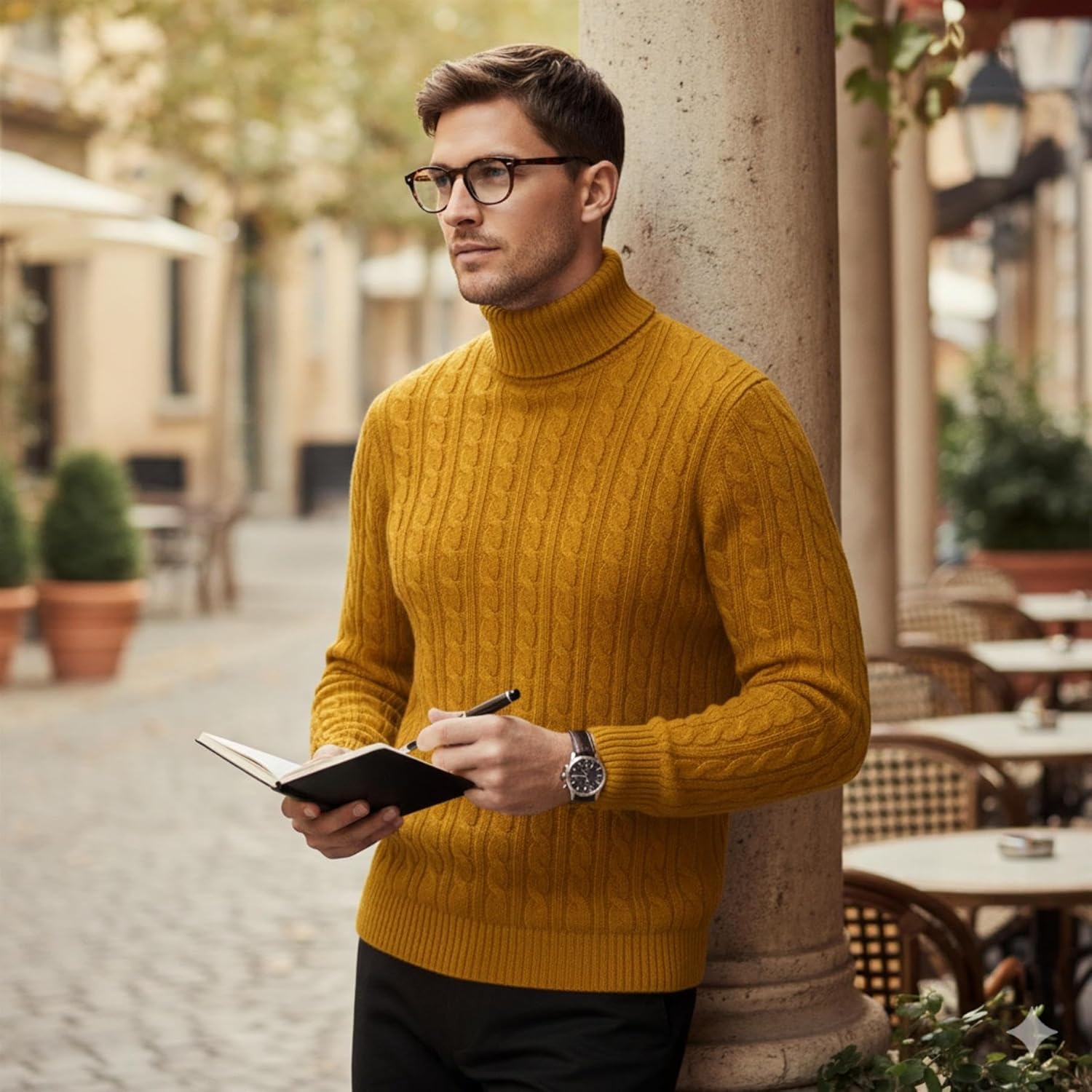 Janisramone® Mens High Polo Roll Neck Jumper, Long Sleeve Cable Knitted Pullover Mens Sweater, Casual Turtle Neck Jumper Mustard