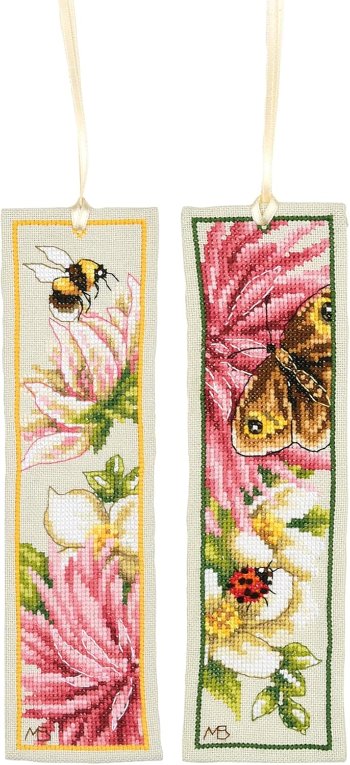 LANARTE Bookmark Cross Stitch Embroidery Kits Counted Cross Stitch Set Pink Dahlia Set of 2 DIY Set Adults Embroidery Reading Accessories Gift Counted Pattern Pack Approx. 6 x 20 cm Embroidery Set for