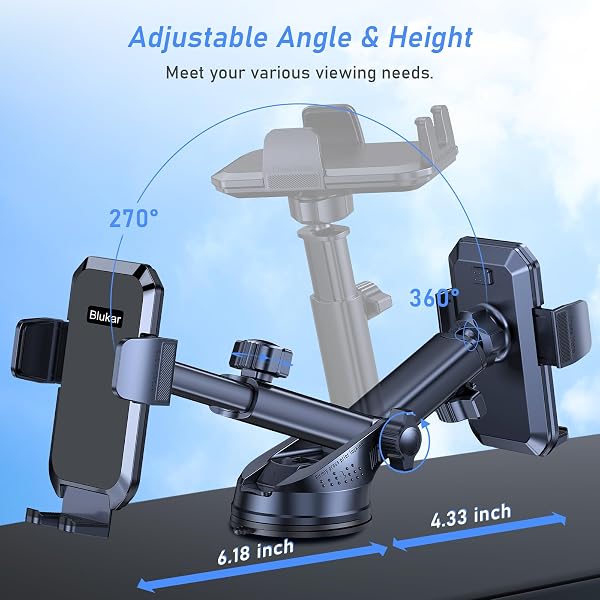Blukar Car Phone Holder, Adjustable Car Phone Mount 360° Rotation for Dashboard/Windscreen, Upgraded Strong Suction - One Button Release Automobile Cradle for iPhone 4.0''-7.0'' Smartphones - 5