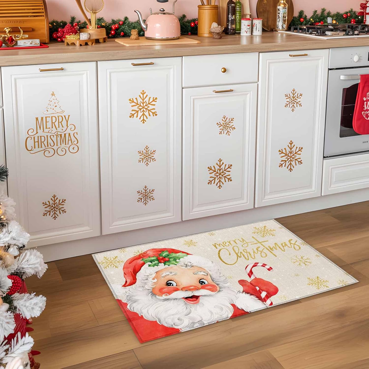 Red Santa Claus Front Door Mat Indoor Entrance, Merry Christmas Non Slip Doormat Absorbent Resist Dirt Floor Mats Washable Low Profile Winter Snowflake Linen Inside Rugs for Entryway, 20''x31.5''