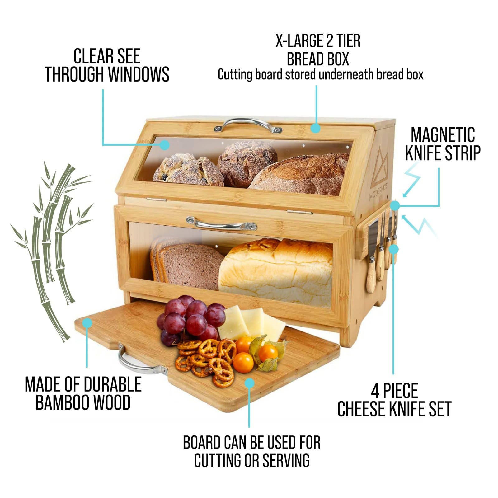 Modernlyst Extra Large Bread Box with Cutting Board & Knife Set