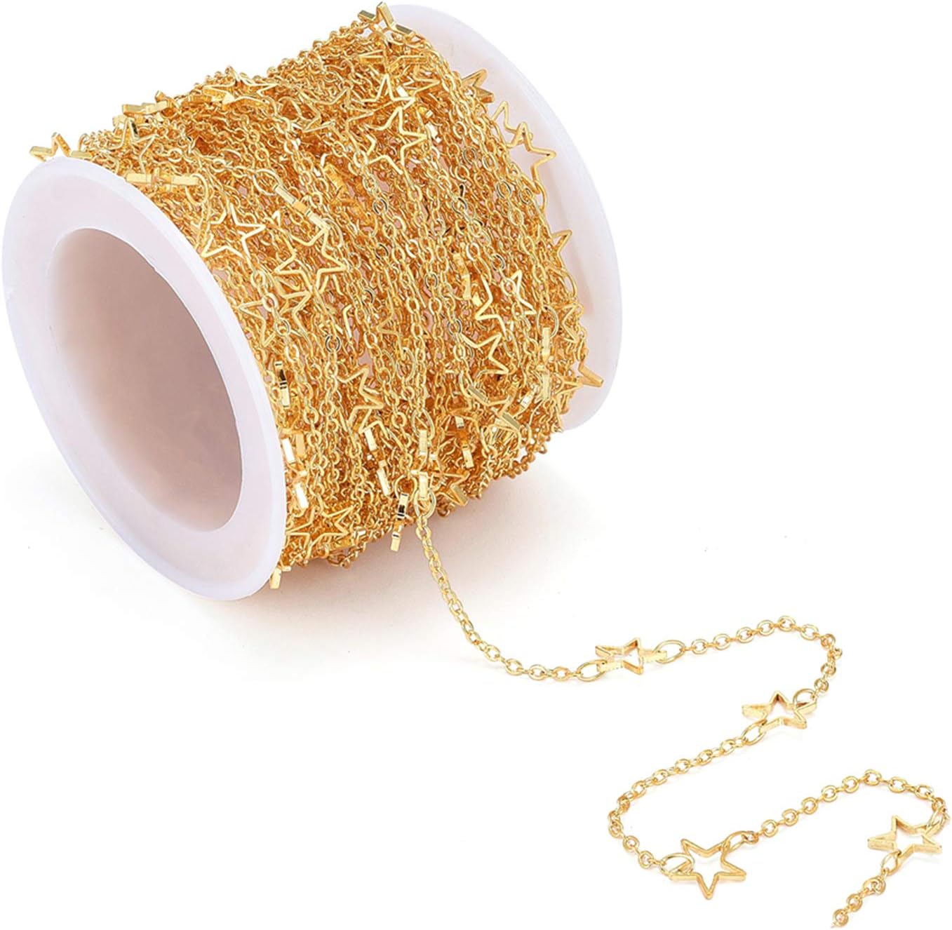 Craftdady 32 Feet Handmade Acrylic Pearl Golden Beaded Ball Chain Round Bead Link Chain Soldered with Spool for Pendant Necklace Bracelet Earring Jewelry Craft Making
