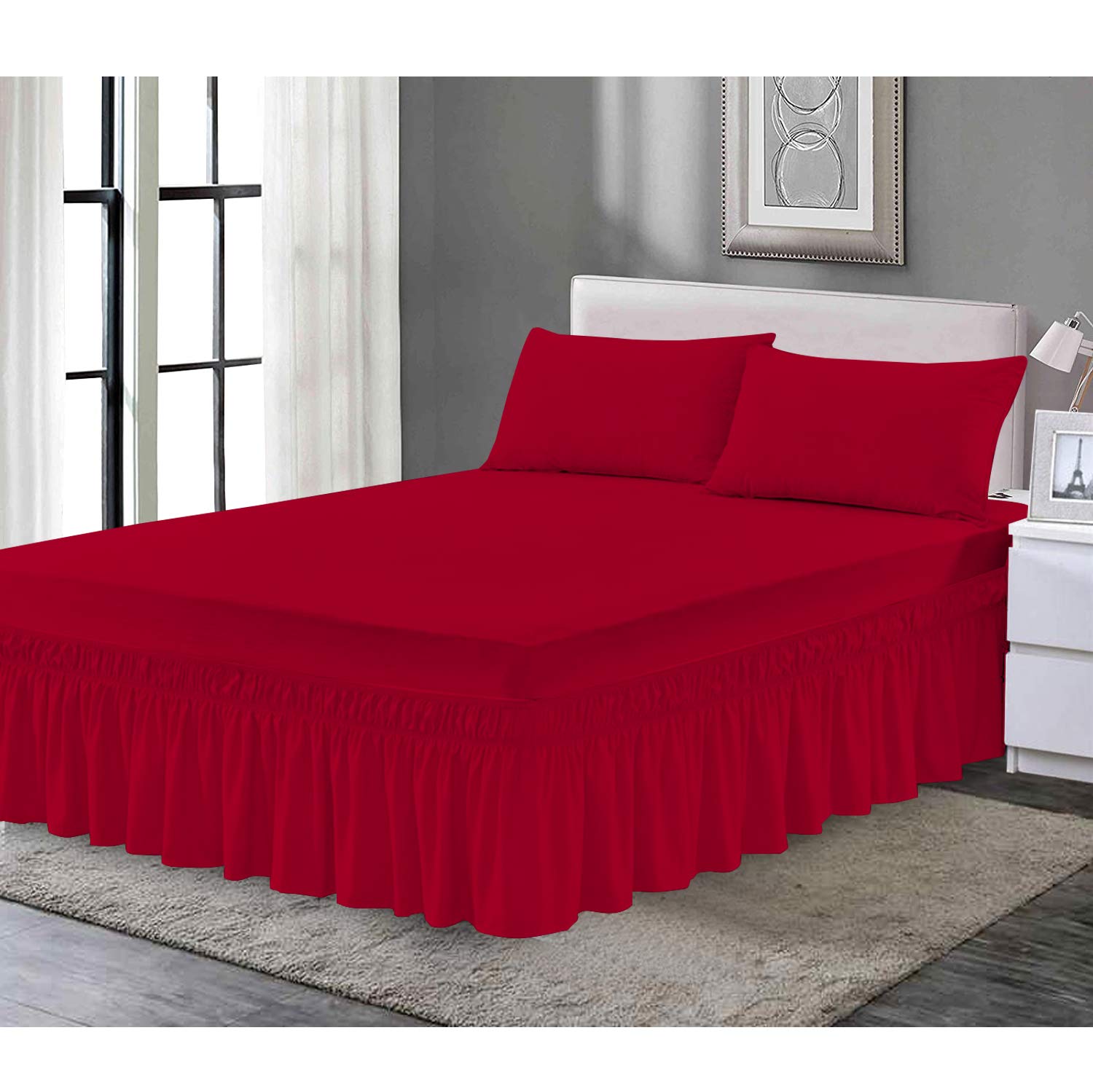 B&B Bedding Valence Sheet Collection - Soft Brushed Polycotton, Easy Wrap Elastic, Extra Deep Frilled with a Drop of 40cm (Burgundy, Single) — image 1