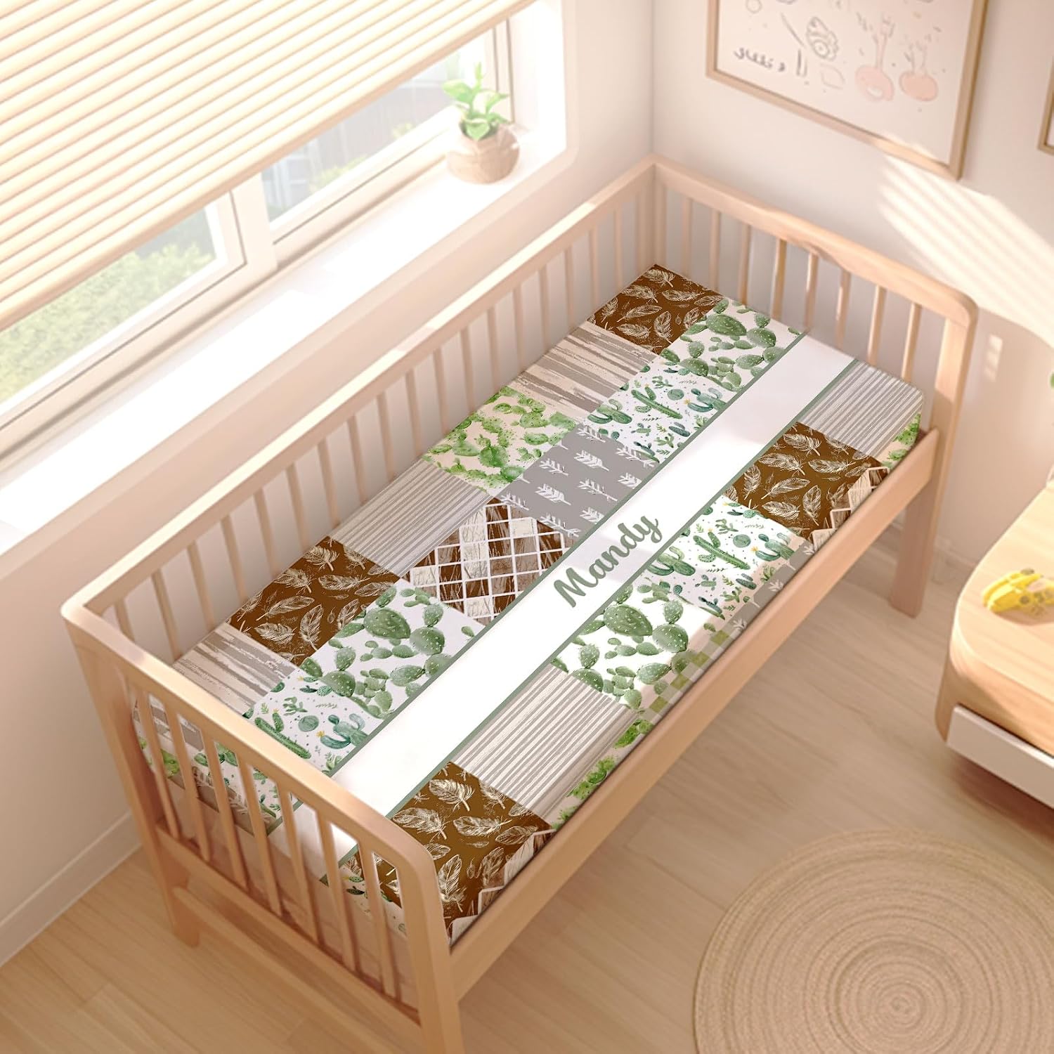 Personalized Baby Crib Bedding Set – 3 Piece Cactus Nursery Set with Custom Name, Soft Blanket, Fitted Crib Sheet & Pillowcase for Newborn, Infant Boys Girls Gift