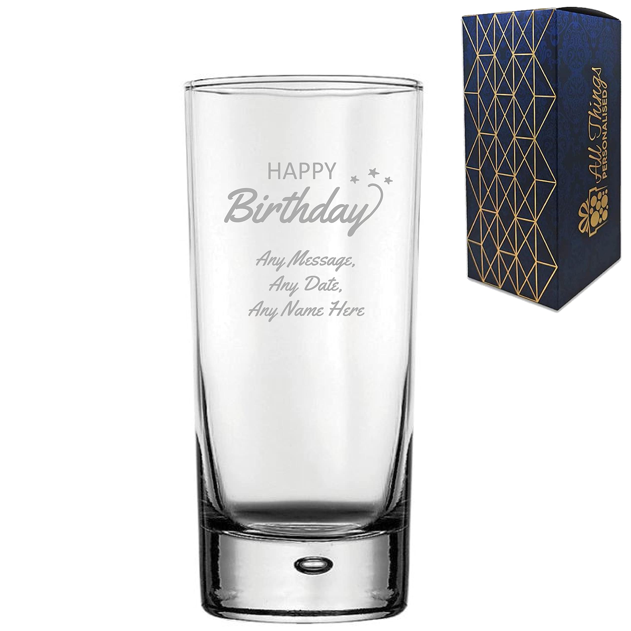 Personalised Engraved Happy Birthday Bubble Hiball Glass, 13oz/384ml Cocktail, Thoughtful Customised Gift, Laser Engraved in The UK, Dishwasher Safe Clear Glass, Dishwasher Safe