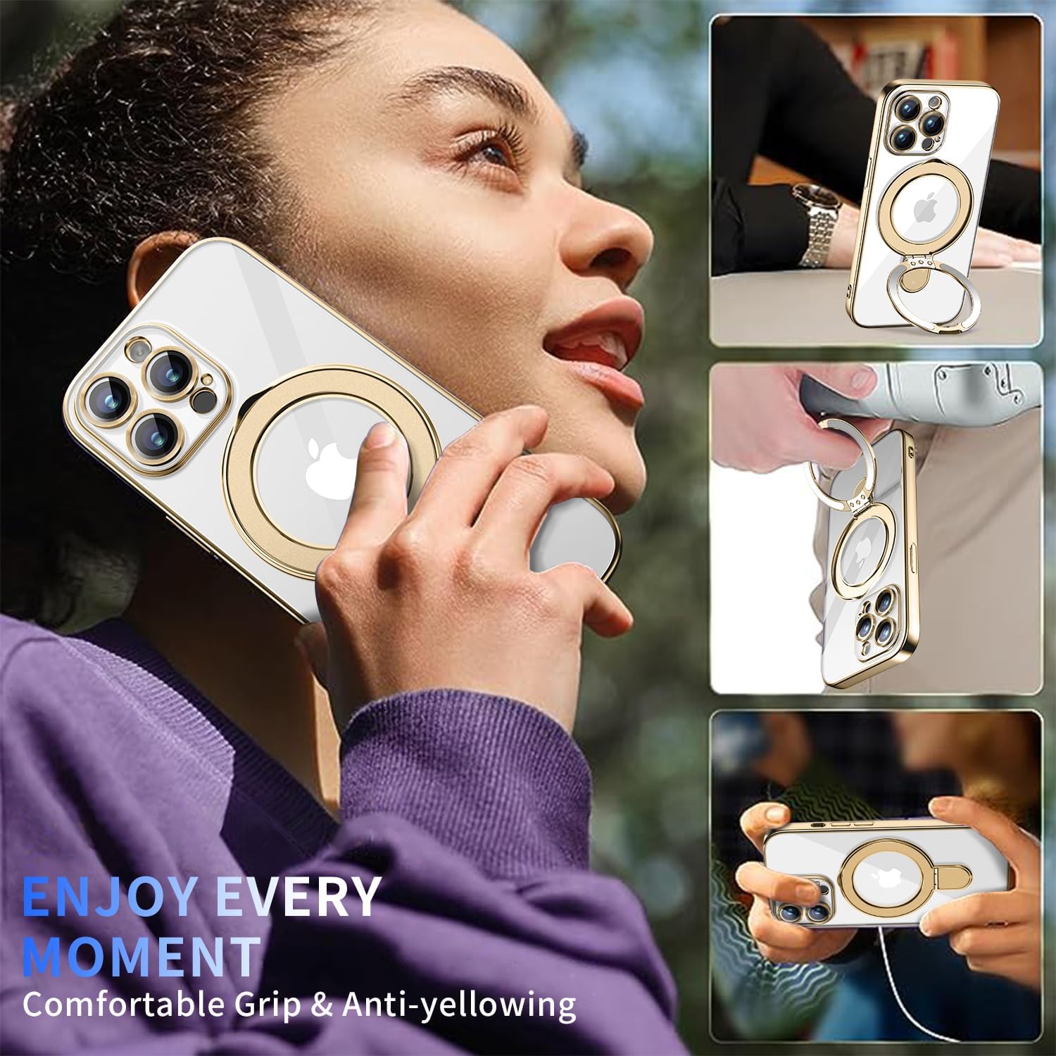 Magnetic for iPhone 14 Pro Case with Invisible Stand[Compatible with MagSafe][Full Camera Lens Protector][Military Drop Protection]Shockproof Not Yellowing Clear Slim Soft for Women Men Gold - Image 6