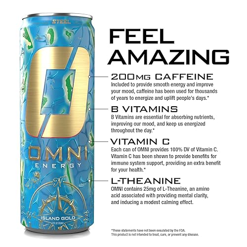 Vista 20 de OMNI - Bebida energética para día de playa, 12 onzas (paquete de 12), 200 mg de cafeína, vitaminas B, sin azúcar, baja en calorías, bebida