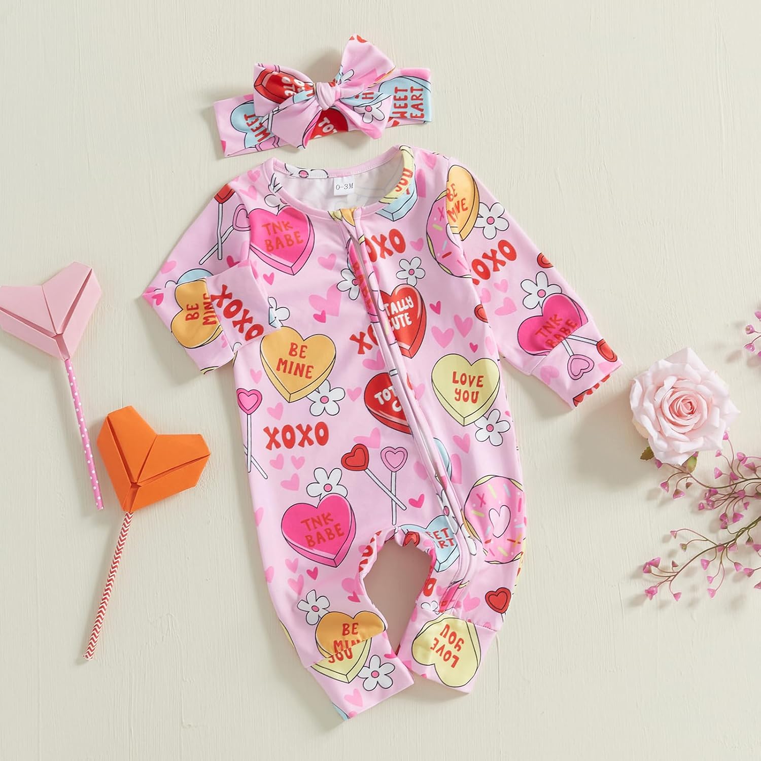 Lamuusaa Newborn Baby Girl Valentines Day Outfit Heart Long Sleeve Romper Zipper Bodysuit Jumpsuit with Headband - Image 6